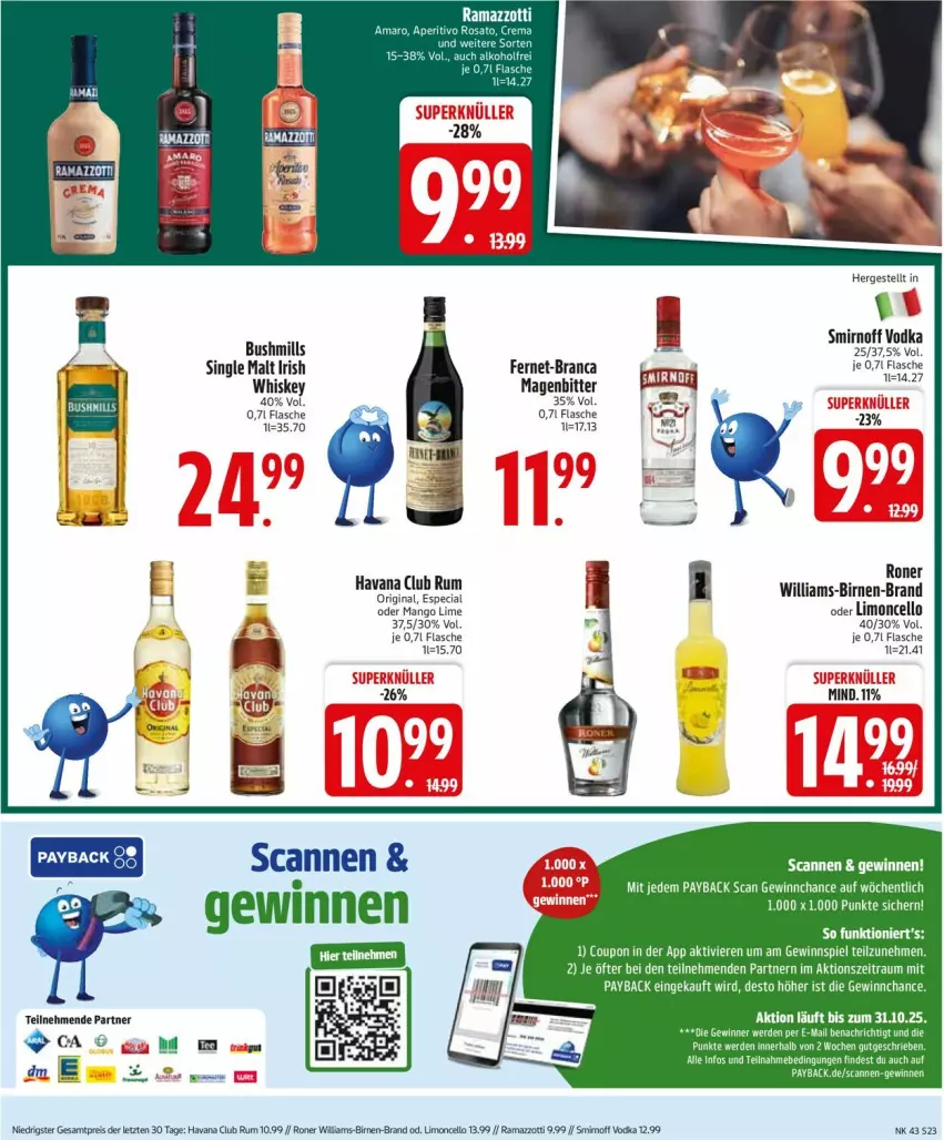 Aktueller Prospekt Edeka - Prospekte - von 20.10 bis 25.10.2025 - strona 23 - produkty: Birnen, coupon, eis, erde, Fernet, flasche, gewinnspiel, gin, Havana Club, limo, mango, payback, rama, ramazzott, ramazzotti, reis, rum, single malt, smirnoff, Ti, vodka, whiskey, zott, ZTE
