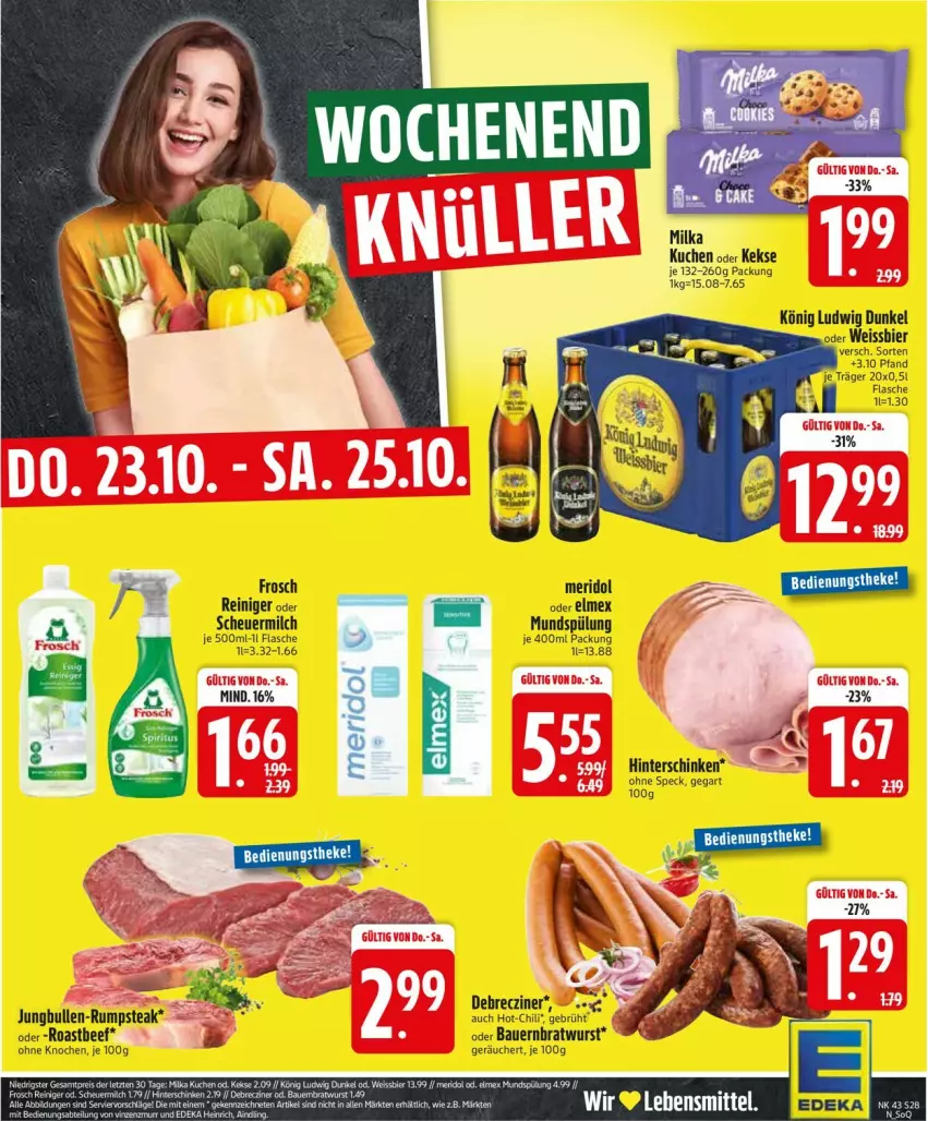 Aktueller Prospekt Edeka - Prospekte - von 20.10 bis 25.10.2025 - strona 28 - produkty: auer, Bau, Bauer, beef, bratwurst, chili, debrecziner, elmex, flasche, Frosch, Heu, hinterschinken, jungbullen, keks, kekse, kuchen, lebensmittel, meridol, milch, mundspülung, reiniger, roastbeef, rum, rumpsteak, scheuermilch, schinken, Speck, spülung, steak, wurst