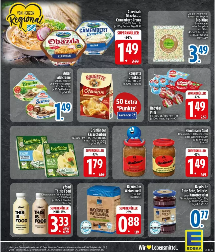 Aktueller Prospekt Edeka - Prospekte - von 20.10 bis 25.10.2025 - strona 5 - produkty: Alpenhain, babybel, bio, camembert, creme, eier, eis, emmentaler, grünländer, händlmaier, Heu, heumilch, karotten, Käse, käsescheiben, kräuter, milch, obazda, reis, rouge, rougette, sahne, salat, senf, Weißwurst, wurst, ZTE