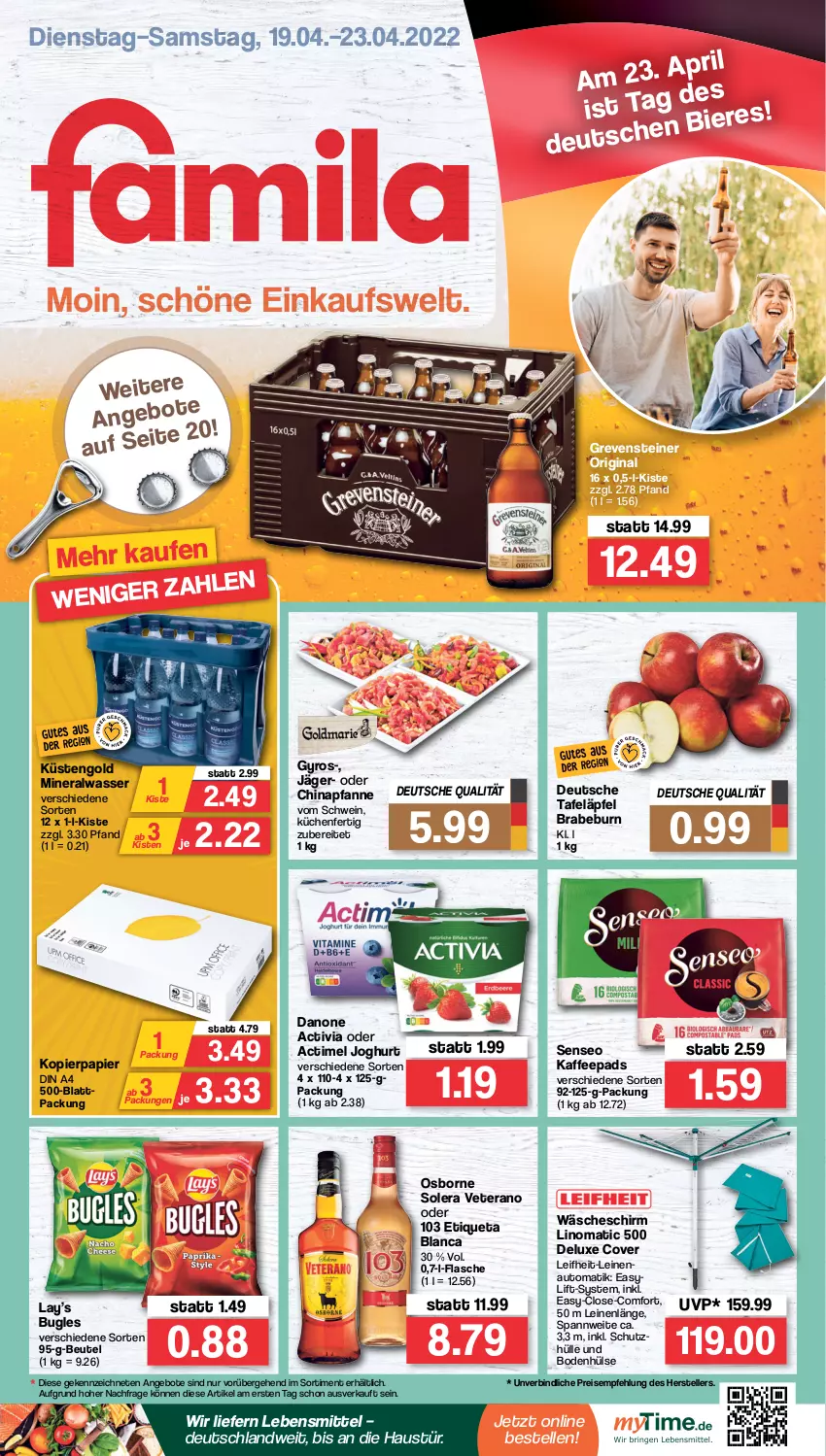 Aktueller Prospekt Famila - Prospekte - von 19.04 bis 23.04.2022 - strona 1 - produkty: actimel, activia, Alwa, angebot, angebote, aust, auto, beutel, bier, Biere, bugles, danone, danone activia, din a4, eis, elle, Etiqueta Blanca, flasche, gin, grevensteiner, gyros, joghur, joghurt, kaffee, kaffeepads, kopierpapier, küche, Küchen, küstengold, lebensmittel, leifheit, leine, mineralwasser, osborne, papier, pfanne, pril, reis, schwein, senseo, steiner, tafeläpfel, teller, Ti, veterano, wäscheschirm, wasser, wein