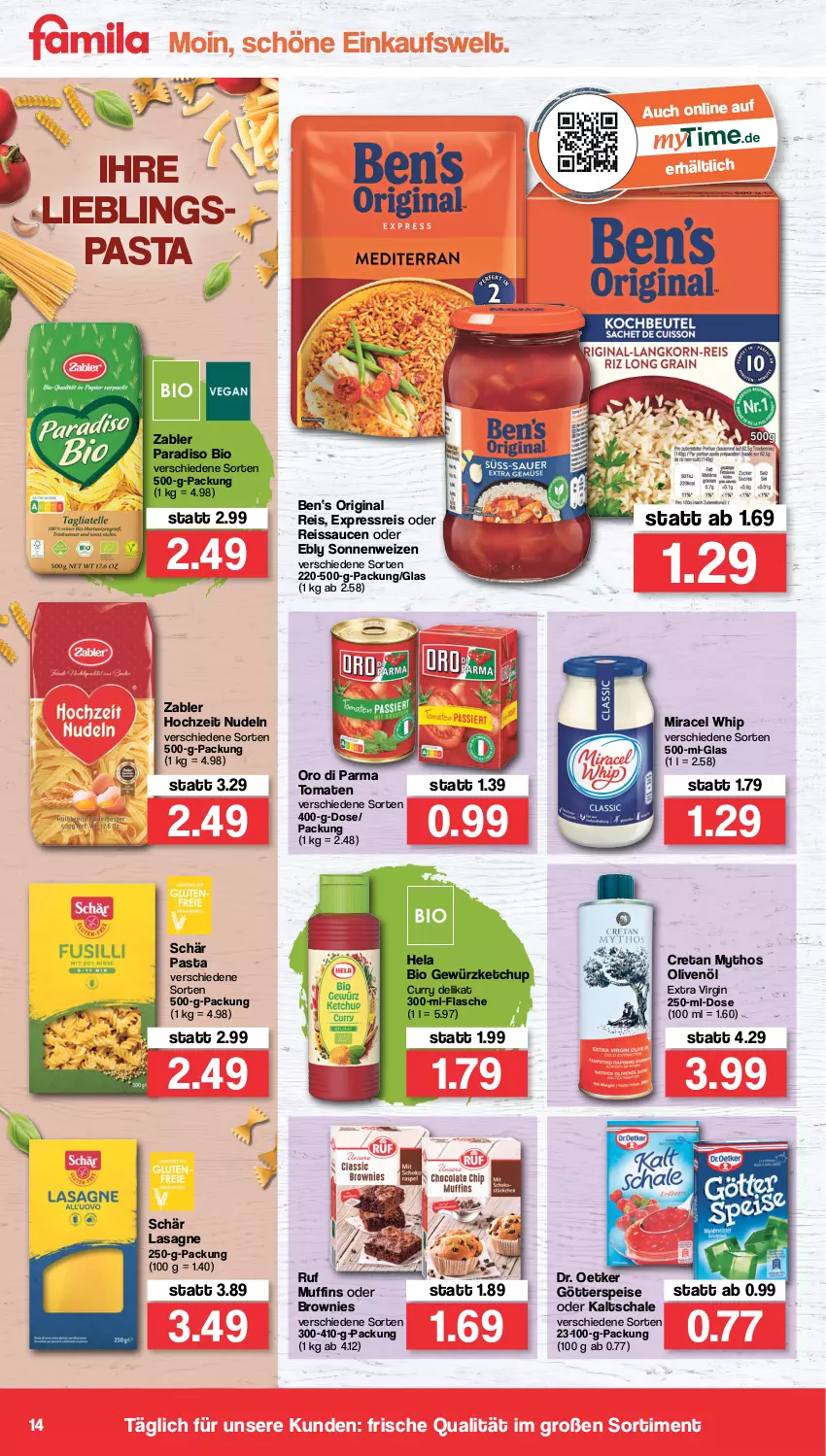 Aktueller Prospekt Famila - Prospekte - von 19.04 bis 23.04.2022 - strona 14 - produkty: bio, brownie, brownies, curry, Dr. Oetker, eis, flasche, gewürz, gewürzketchup, gin, götterspeise, Hela, Hochzeit Nudeln, ketchup, lasagne, miracel, miracel whip, Muffin, muffins, Mythos, nudel, nudeln, olive, oliven, olivenöl, oro di parma, pasta, reis, reiss, sauce, saucen, Schal, Schale, Ti, tomate, tomaten, Zabler