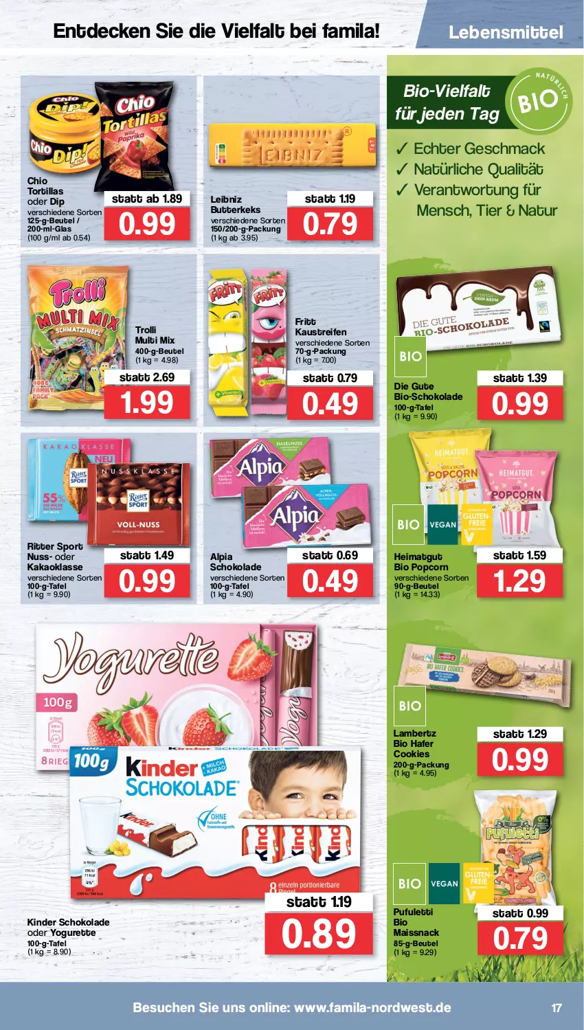 Aktueller Prospekt Famila - Prospekte - von 19.04 bis 23.04.2022 - strona 17 - produkty: alpia, Amber, aust, beutel, bio, butter, butterkeks, cookie, cookies, decke, dip, hafer, kakao, Kaustreifen, keks, Kinder, kinder schokolade, lambertz, lebensmittel, leibniz, mac, mais, natur, nuss, oder yogurette, popcorn, reifen, ritter, ritter sport, schoko, schokolade, snack, Sport, Ti, tortilla, tortillas, trolli, Yo, yogurette