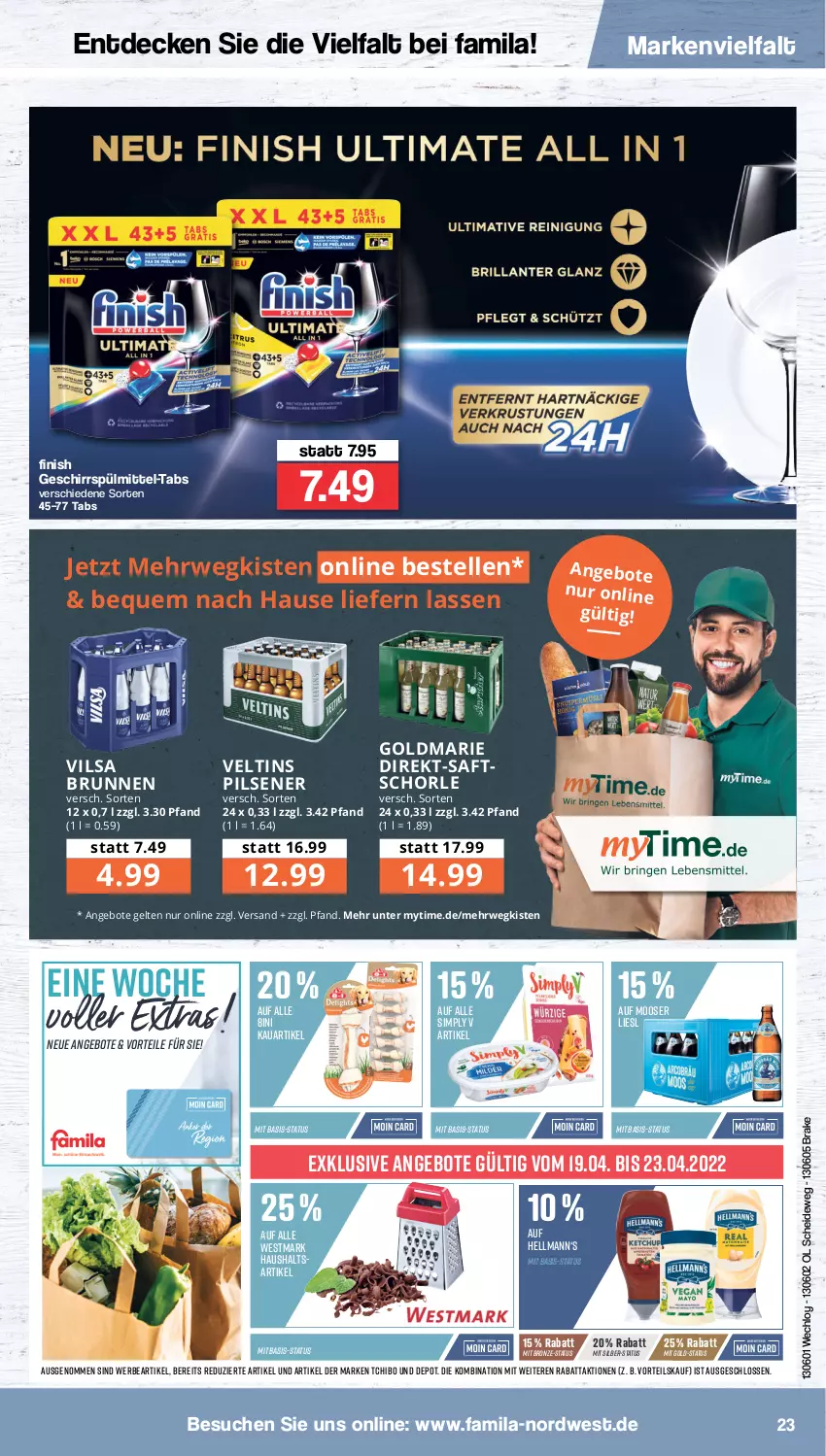 Aktueller Prospekt Famila - Prospekte - von 19.04 bis 23.04.2022 - strona 23 - produkty: angebot, angebote, brunnen, decke, elle, Finish, geschirr, geschirrspülmittel, goldmarie, pils, pilsener, rwe, saft, schorle, sim, spülmittel, Tchibo, Ti, veltins, veltins pilsener, vilsa