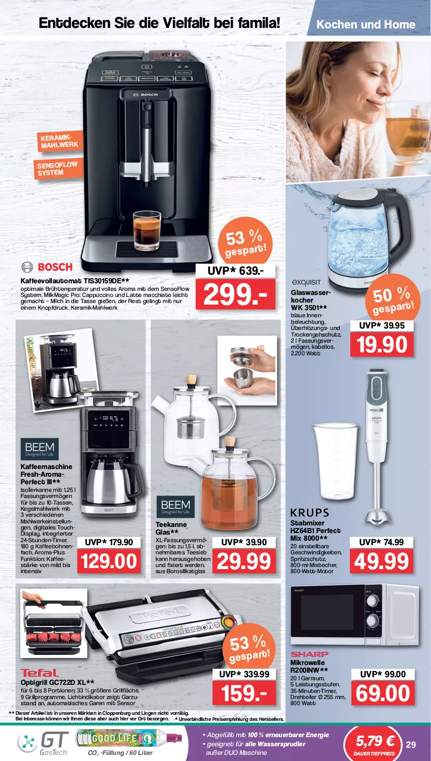 Aktueller Prospekt Famila - Prospekte - von 19.04 bis 23.04.2022 - strona 29 - produkty: ACC, auer, auto, Becher, beleuchtung, bohne, bohnen, Cap, cappuccino, chia, cin, dauertiefpreis, decke, eis, elle, erde, garraum, grill, grillfläche, isolierkanne, kaffee, kaffeebohnen, kaffeemaschine, kaffeevollautomat, Kocher, latte, latte macchiato, mac, macchiato, mikrowelle, milch, Mixer, reis, Spritzschutz, stabmixer, tasse, tee, teekanne, teller, Ti, tiefpreis, timer, tisch, wasser, wassersprudler