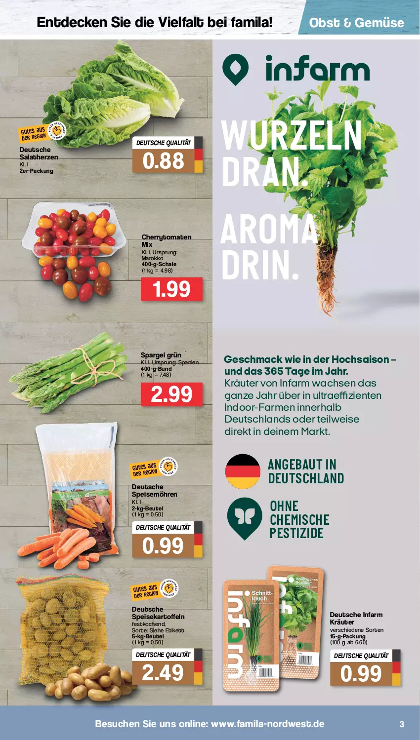 Aktueller Prospekt Famila - Prospekte - von 19.04 bis 23.04.2022 - strona 3 - produkty: Bau, beutel, cherrytomaten, decke, eis, ente, kartoffel, kartoffeln, kräuter, mac, möhren, obst, salat, salatherzen, Schal, Schale, spargel, spargel grün, speisekartoffeln, speisemöhren, Ti, tomate, tomaten