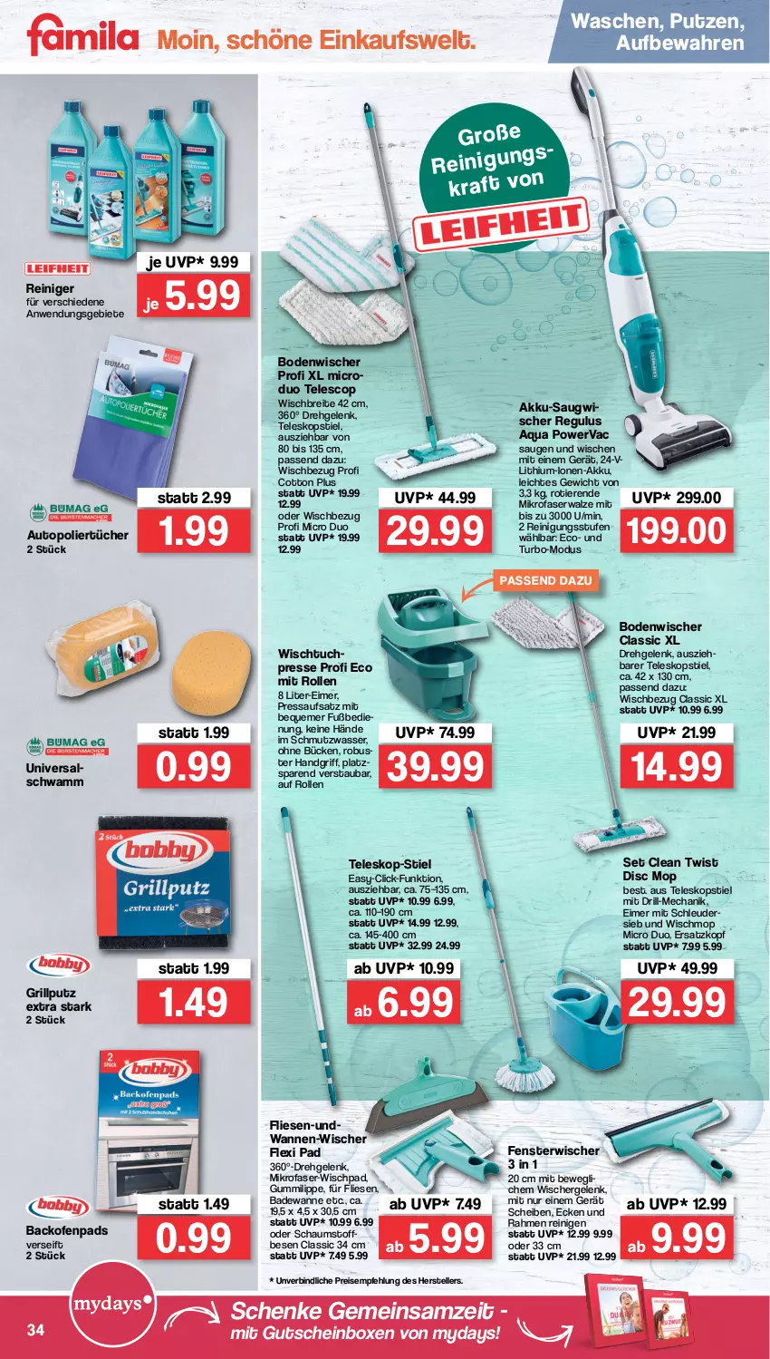 Aktueller Prospekt Famila - Prospekte - von 19.04 bis 23.04.2022 - strona 34 - produkty: akku, aqua, auto, backofen, Bad, Badewanne, bodenwischer, Brei, eimer, eis, elle, fenster, grill, gutschein, HP, mikrofaser, mydays, Ofen, reiniger, Reinigung, reis, Saugwischer, schwamm, Teleskop, teleskopstiel, teller, Ti, Tiere, tuc, tücher, Wanne, wasser