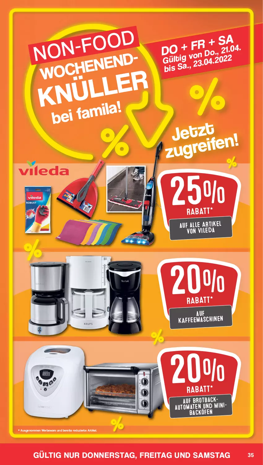 Aktueller Prospekt Famila - Prospekte - von 19.04 bis 23.04.2022 - strona 35 - produkty: auto, brot, kaffee, kaffeemaschine, Ti, tomate, tomaten, vileda