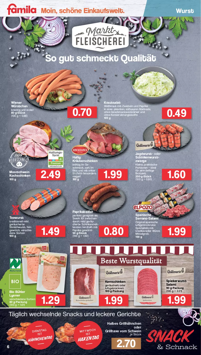 Aktueller Prospekt Famila - Prospekte - von 19.04 bis 23.04.2022 - strona 6 - produkty: axe, bio, brot, elle, gewürz, gin, grill, grillhähnchen, grillhaxe, Haxe, jagdwurst, kernschinken, kochschinken, Kraut, kräuter, krautsalat, leine, LG, lyoner, mac, marinade, Mett, metten, Mettenden, mit paprika, mit zwiebeln, paprika, salami, salat, schinken, schinkenwurst, schwein, serrano, snack, snacks, Spezi, tee, teewurst, Ti, tisch, wein, wiener, wiener würstchen, wurst, würstchen, Yo, zwiebel, zwiebeln