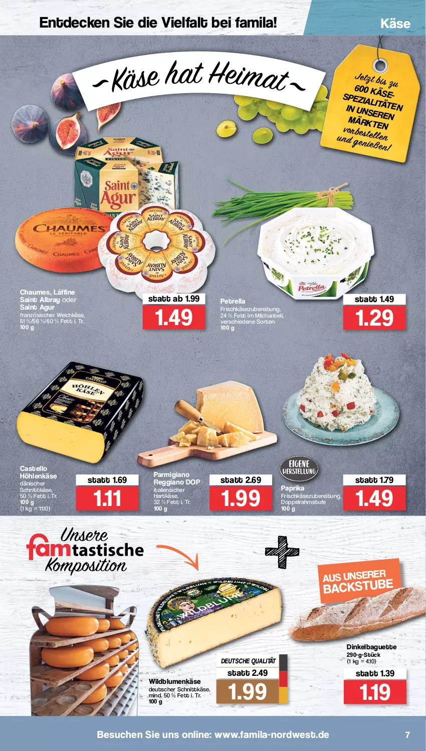 Aktueller Prospekt Famila - Prospekte - von 19.04 bis 23.04.2022 - strona 7 - produkty: albray, baguette, blume, blumen, chaumes, dänischer schnittkäse, decke, deutscher schnittkäse, doppelrahmstufe, französischer weichkäse, frischkäse, frischkäsezubereitung, hartkäse, höhlenkäse, italienischer hartkäse, Käse, milch, paprika, parmigiano, parmigiano reggiano, petrella, reggiano, rel, Saint Agur, saint albray, schnittkäse, Spezi, stube, weichkäse, Wild, Wildblumenkäse