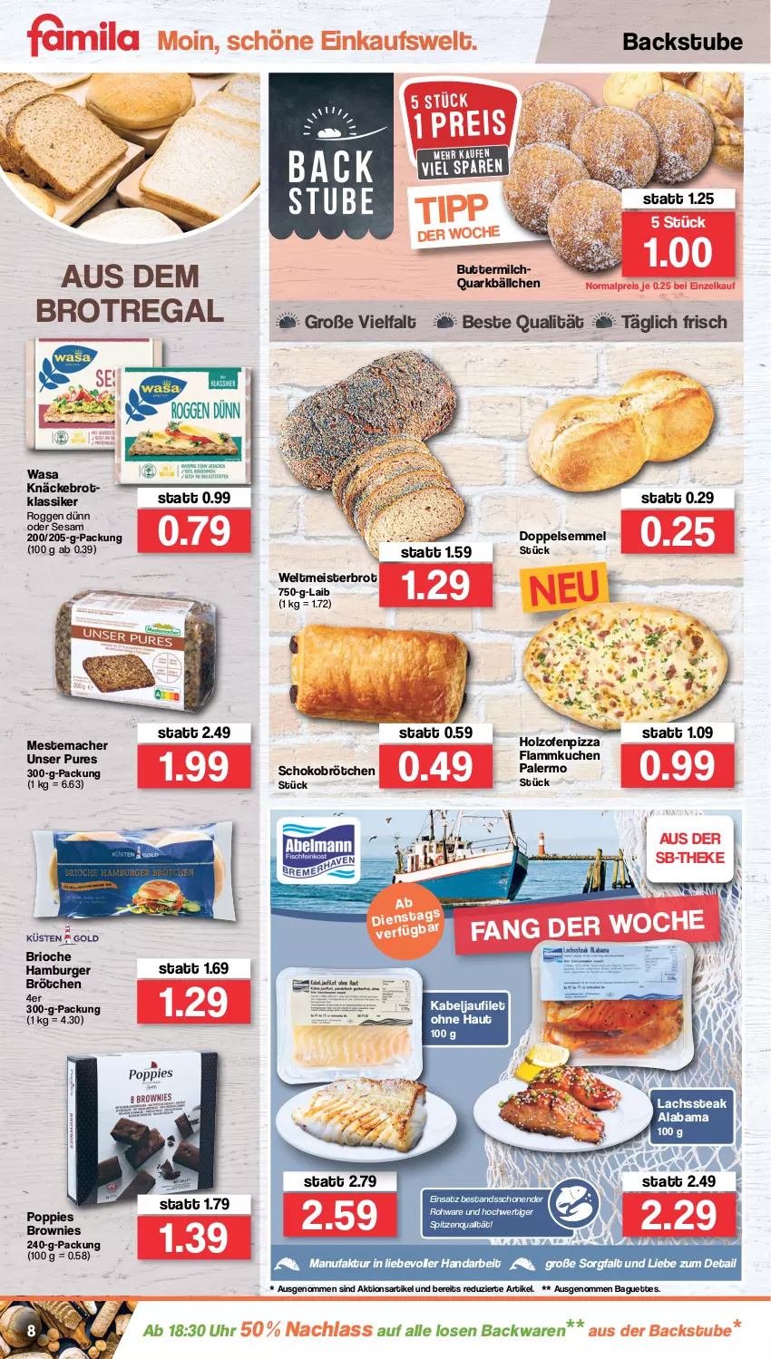 Aktueller Prospekt Famila - Prospekte - von 19.04 bis 23.04.2022 - strona 8 - produkty: backwaren, baguette, baguettes, brot, brötchen, brownie, brownies, burger, butter, buttermilch, eis, Faktu, filet, flammkuchen, hamburger, hamburger brötchen, Holz, kabeljaufilet, knäckebrot, kuchen, lachs, lamm, mac, Meister, mestemacher, milch, Ofen, pizza, Popp, quark, regal, reis, schoko, Schokobrötchen, Semmel, sesam, spitzenqualität, steak, stube, Ti, uhr, wasa, weltmeisterbrot