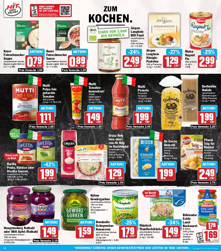 Aktueller Prospekt Hit - Wochenprospekt - von 25.11 bis 30.11.2024 - strona 10 - produkty: apfel, barilla, beutel, bio, bockwurst, böklunder, bonduelle, brot, coupon, coupons, De Cecco, ecco, eis, elle, feinschmecker, fisch, flasche, Gemüsekonserve, gewürz, Gewürzgurke, gewürzgurken, gin, gnocchi, gurke, gurken, hengstenberg, Knödel, knorr, kochbeutel, Konserven, Kühne, meica, Mutti, nudel, nudeln, oryza, pastete, pesto, pfanni, Ragout, reis, reis-fit, rotkohl, sauce, saucen, suppe, thunfisch, Ti, tomate, tomaten, wurst, ZTE