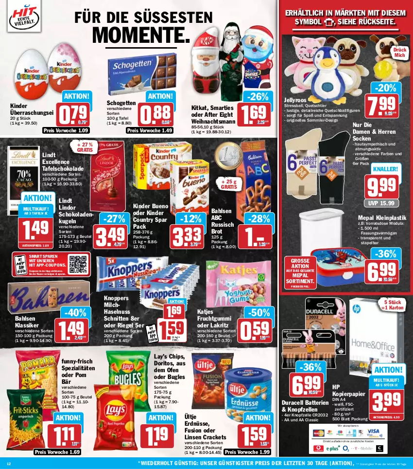 Aktueller Prospekt Hit - Wochenprospekt - von 25.11 bis 30.11.2024 - strona 12 - produkty: after eight, aktionspreis, asti, bahlsen, ball, batterie, batterien, beutel, brot, bugles, chips, coupon, coupons, din a4, Doritos, eis, elle, ente, erdnüsse, frucht, fruchtgummi, funny-frisch, gin, haselnuss, HP, katjes, Kinder, kinder bueno, kinder country, kitkat, knoppers, kopierpapier, Kugel, Lakritz, lindor, lindt, linsen, Lusti, milch, nuss, oder lakritz, Ofen, papier, reis, riegel, russisch brot, schnitten, schogetten, schoko, schokolade, schokoladen, smarties, socken, Spezi, tafelschokolade, Ti, Tiere, ültje, ültje erdnüsse, ZTE