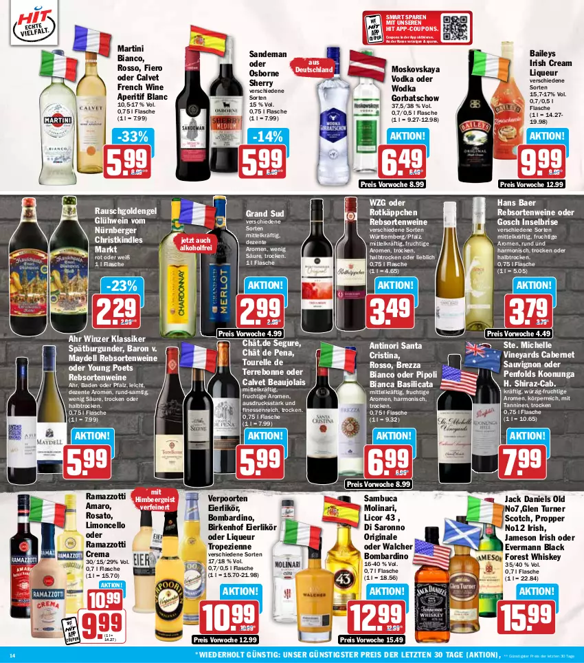 Aktueller Prospekt Hit - Wochenprospekt - von 25.11 bis 30.11.2024 - strona 14 - produkty: alkohol, amaro, aperitif, Bad, baileys, Berger, black forest, burgunder, cabernet, cabernet sauvignon, coupon, coupons, dell, eier, eierlikör, eis, elle, Engel, ente, finesse, flasche, frucht, gin, Glühwein, Gorbatschow, grand sud, himbeer, irish cream, jack daniel, jack daniels, jameson, Kindle, lack, licor, licor 43, likör, limo, liqueur, martini, Molinari, moskovskaya, nürnberger, osborne, rama, ramazzott, ramazzotti, rebsortenweine, reis, rel, rosato, rotkäppchen, sambuca, saro, sauvignon, scotch, spätburgunder, Ti, verpoorten, vodka, wein, weine, whiskey, wodka, Yo, zott, ZTE