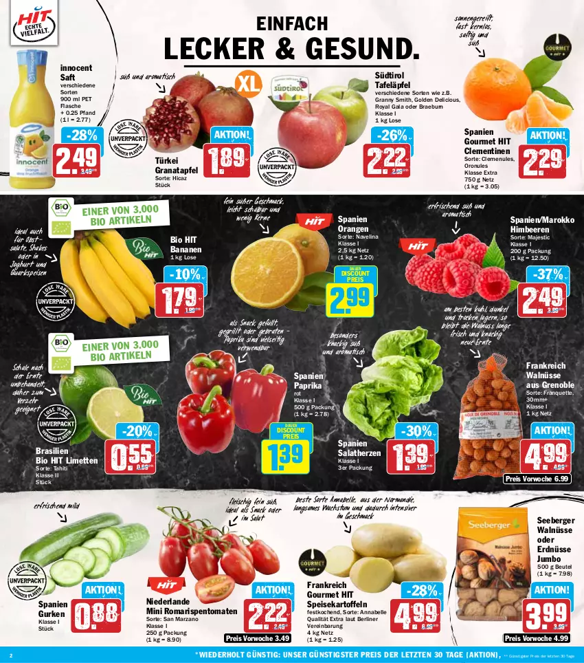 Aktueller Prospekt Hit - Wochenprospekt - von 25.11 bis 30.11.2024 - strona 2 - produkty: apfel, auer, banane, bananen, beere, beeren, Berger, berliner, beutel, bio, bio hit, braten, clementinen, discount, eis, elle, erdnüsse, flasche, fleisch, grana, granatapfel, grill, gurke, gurken, himbeer, himbeere, himbeeren, Innocent, joghur, joghurt, jumbo, kartoffel, kartoffeln, limette, limetten, mac, Mett, metten, navelina, nuss, obst, orange, orangen, paprika, paprika rot, quark, Rana, reis, rispentomaten, rwe, saft, salat, salate, salatherzen, Schal, Schale, seeberger, shake, snack, speisekartoffeln, tafeläpfel, Ti, tisch, tomate, tomaten, walnuss, ZTE