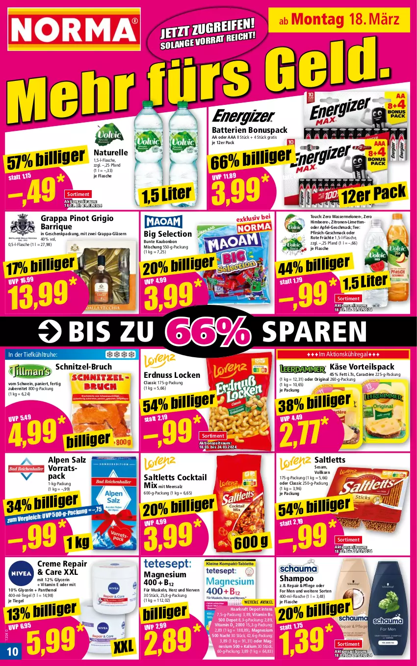 Aktueller Prospekt Norma - Norma - von 18.03 bis 25.03.2024 - strona 10 - produkty: apfel, batterie, batterien, beere, caractère, cocktail, creme, elle, erdnuss, flasche, früchte, geschenkpackung, gin, Gläser, grappa, himbeer, himbeere, Käse, korn, kraft, kühlregal, limette, limetten, mac, magnesium, magnesium 400, meersalz, melone, melonen, Mett, metten, natur, nuss, Panthenol, pfirsich, Pinot, pinot grigio, regal, rel, saltletts, salz, schnitzel, Schnitzel-Bruch, schwein, sesam, shampoo, tee, Ti, vita, Vitamin B, Vitamin D, wasser, wassermelone, wassermelonen, wein, zitrone, zitronen