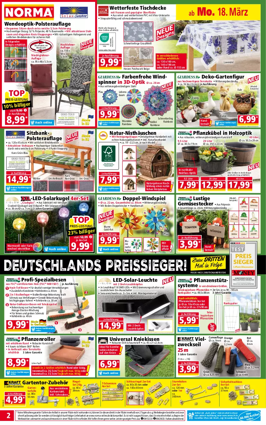 Aktueller Prospekt Norma - Norma - von 18.03 bis 25.03.2024 - strona 2 - produkty: Bank, Bau, baumwolle, Bebe, blume, braun, Brei, decke, dell, deo, edelstahl, eis, elle, ente, Garten, gin, Glaskugel, Holz, kissen, Kniekissen, kraft, Kugel, lavendel, leds, Leuchte, LG, Lusti, Mett, Mode, natur, natura, ndk, orange, Pfau, pflanze, pflanzen, Reinigung, reis, reiss, Ria, riegel, Roller, Schal, Schmetterling, schrauben, sitzbank, Spezi, Spiele, Teleskop, teleskopstiel, Ti, tisch, tischdecke, topf, Vielzweckseil, weck, wolle, ZTE