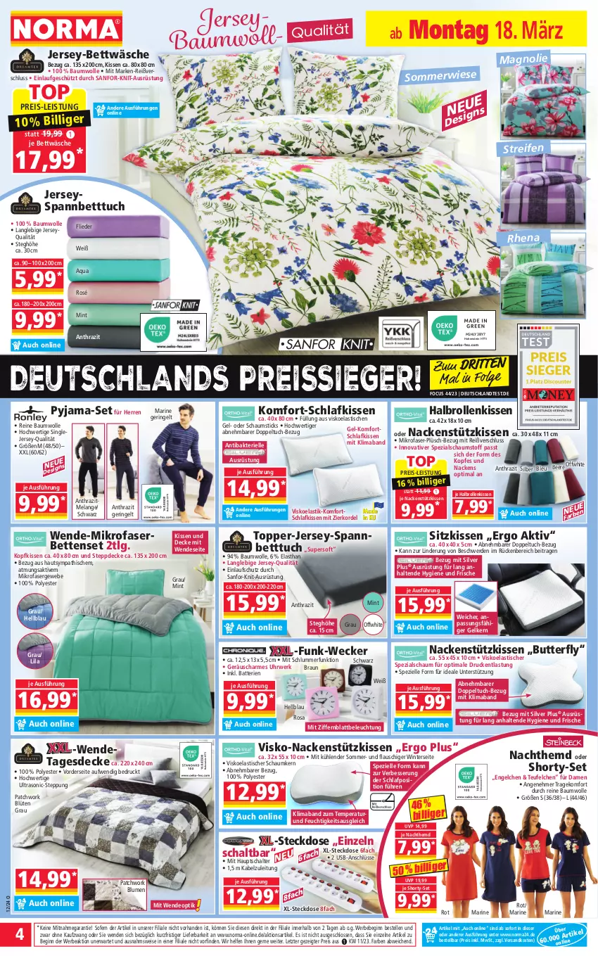 Aktueller Prospekt Norma - Norma - von 18.03 bis 25.03.2024 - strona 4 - produkty: aqua, asti, batterie, batterien, Bau, baumwolle, Bebe, beere, beleuchtung, bett, Betten, Betttuch, bettwäsche, blume, blumen, Blüte, braun, butter, decke, deo, eis, Elan, elle, Engel, erde, flieder, gin, hemd, hohenstein, jersey-bettwäsche, jersey-spannbetttuch, kissen, kopfkissen, LG, mab, mikrofaser, mint, Nachthemd, nackenstützkissen, ndk, Plüsch, Pyjama, reifen, reine baumwolle, reis, reiss, ring, rwe, Schal, shorty, sitzkissen, spannbetttuch, Spezi, steckdose, Steppdecke, tagesdecke, Ti, tisch, tuc, uhr, usb, weck, wolle, ZTE