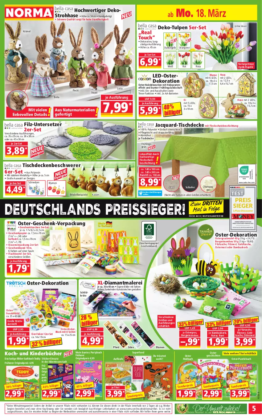 Aktueller Prospekt Norma - Norma - von 18.03 bis 25.03.2024 - strona 5 - produkty: AA-Batterien, bambus, batterie, batterien, Bebe, beutel, blume, blumen, brie, buch, champagne, champagner, decke, dekoration, dell, eier, eis, elle, ente, erde, fenster, Geschenkpapier, Geschenktasche, gin, Heu, Holz, Kinder, kissen, korb, leds, LG, Lusti, Malbuch, Mode, natur, orange, papier, Puzzle, reis, reiss, Ria, Schal, Spiele, Stickerblock, Tasche, taschen, Ti, timer, tisch, tischdecke, Untersetzer, Vase