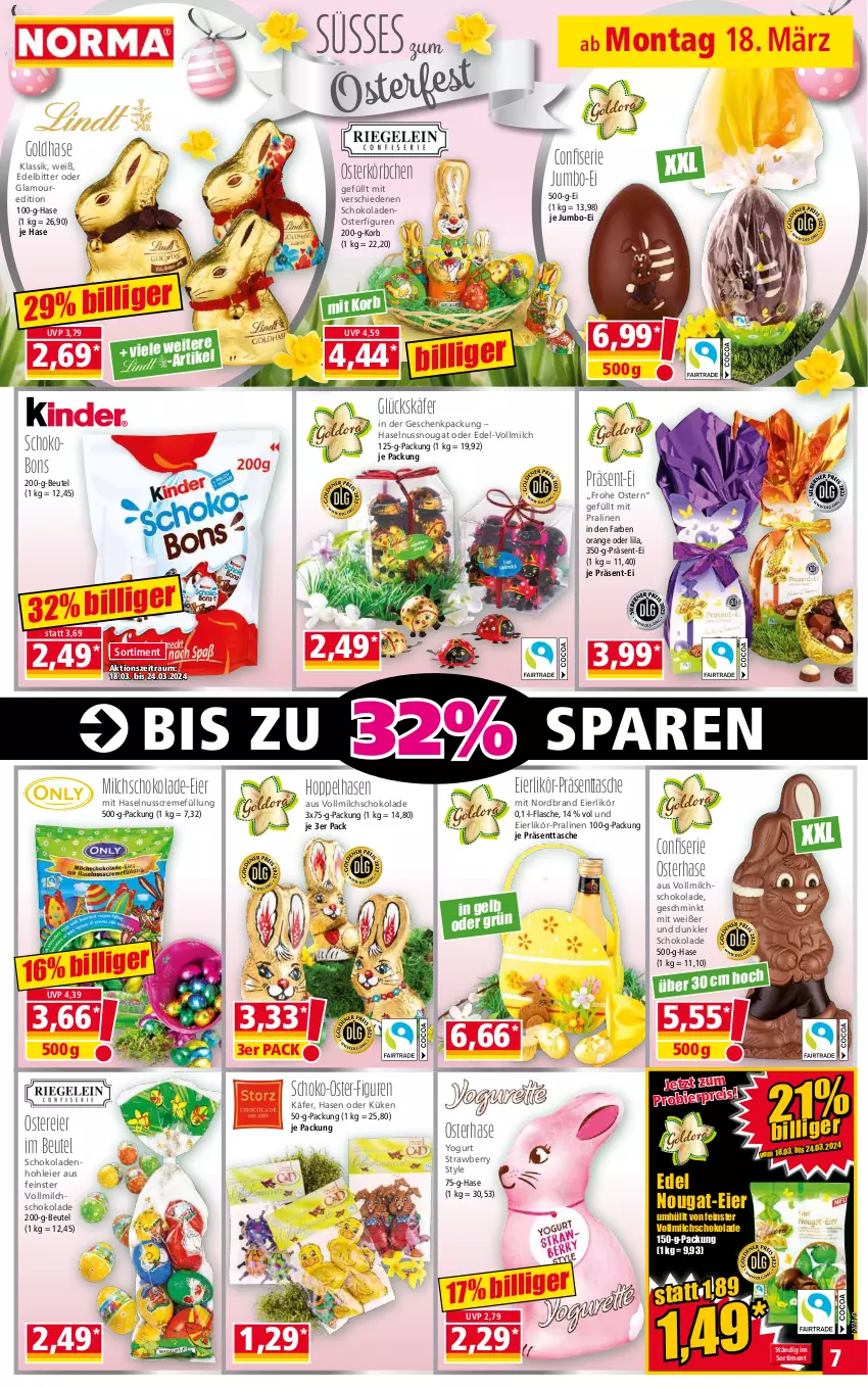 Aktueller Prospekt Norma - Norma - von 18.03 bis 25.03.2024 - strona 7 - produkty: beutel, bier, creme, eier, eierlikör, eis, flasche, geschenkpackung, haselnuss, Haselnusscreme, jumbo, käfer, korb, Körbchen, likör, milch, nordbrand, nuss, orange, pralinen, reis, schoko, schokolade, schokoladen, Tasche, Ti, vollmilch, Yo