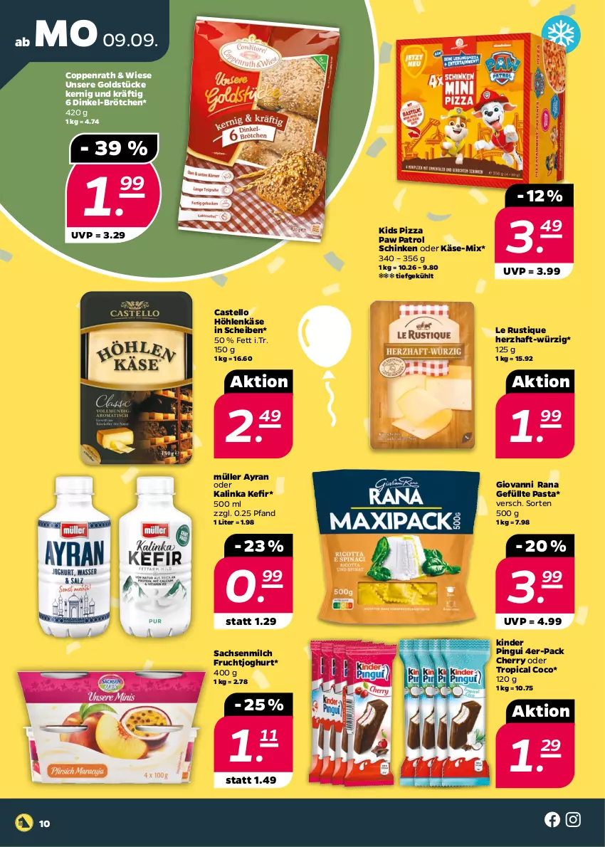 Aktueller Prospekt Netto - Woche 37 - von 09.09 bis 14.09.2024 - strona 10 - produkty: Ayran, brötchen, coppenrath, frucht, fruchtjoghurt, giovanni rana, Goldstücke, höhlenkäse, joghur, joghurt, Käse, Kefir, Kinder, kinder pingui, Le Rustique, milch, Müller, pasta, Paw Patrol, pingui, pizza, Rana, sac, schinken, Ti