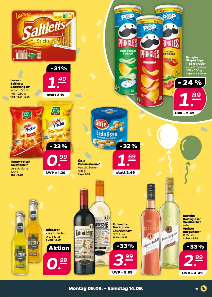 Aktueller Prospekt Netto - Woche 37 - von 09.09 bis 14.09.2024 - strona 11 - produkty: Blizzard, burgunder, chardonnay, chips, entrecôte, erdnuss, fisch, funny-frisch, Goldfischli, lorenz, merl, merlot, nuss, pringles, ring, saltletts, salz, Salzstange, Salzstangen, Ti, ültje, Wild