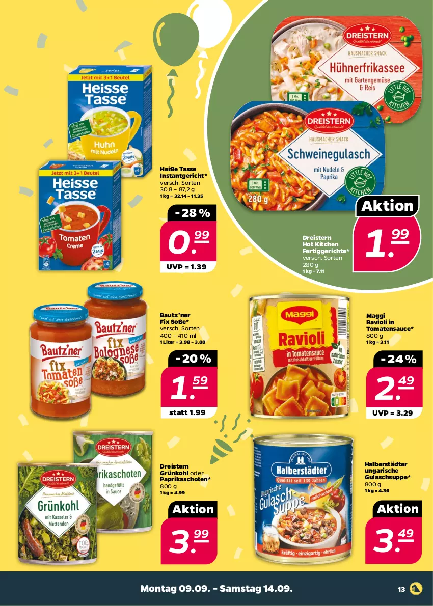 Aktueller Prospekt Netto - Woche 37 - von 09.09 bis 14.09.2024 - strona 13 - produkty: Bau, dreistern, eis, fertiggericht, fertiggerichte, gulasch, Gulaschsuppe, Instantgericht, maggi, paprika, ravioli, reis, sauce, Soße, suppe, tasse, Ti, tomate, tomaten, tomatensauce