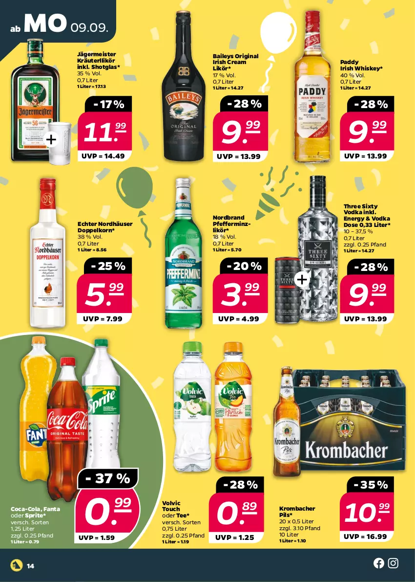 Aktueller Prospekt Netto - Woche 37 - von 09.09 bis 14.09.2024 - strona 14 - produkty: baileys, coca-cola, cola, doppelkorn, eis, fanta, fanta oder, fanta oder sprite, Germ, gin, irish cream, irish whiskey, jägermeister, korn, kräuter, krombache, krombacher, krombacher pils, likör, Meister, nordbrand, oder sprite, pfeffer, pfefferminzlikör, pils, Shotglas, sprite, tee, Three Sixty, vodka, volvic, whiskey