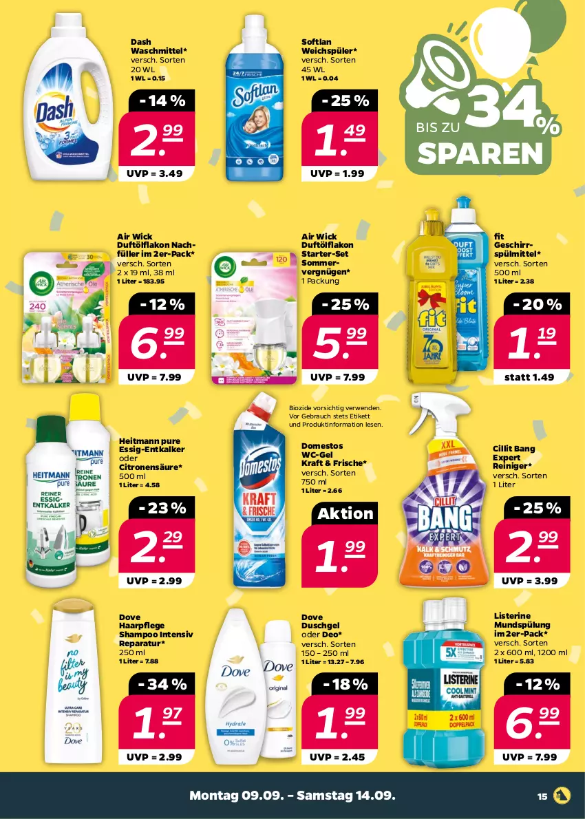 Aktueller Prospekt Netto - Woche 37 - von 09.09 bis 14.09.2024 - strona 15 - produkty: Air Wick, bio, Cillit, cillit bang, deo, domestos, dove, duschgel, entkalker, essig, geschirr, geschirrspülmittel, haarpflege, heitmann, kraft, listerine, mundspülung, Rauch, reiniger, rwe, shampoo, Softlan, spülmittel, spülung, Ti, waschmittel, wc-gel, weichspüler, WICK