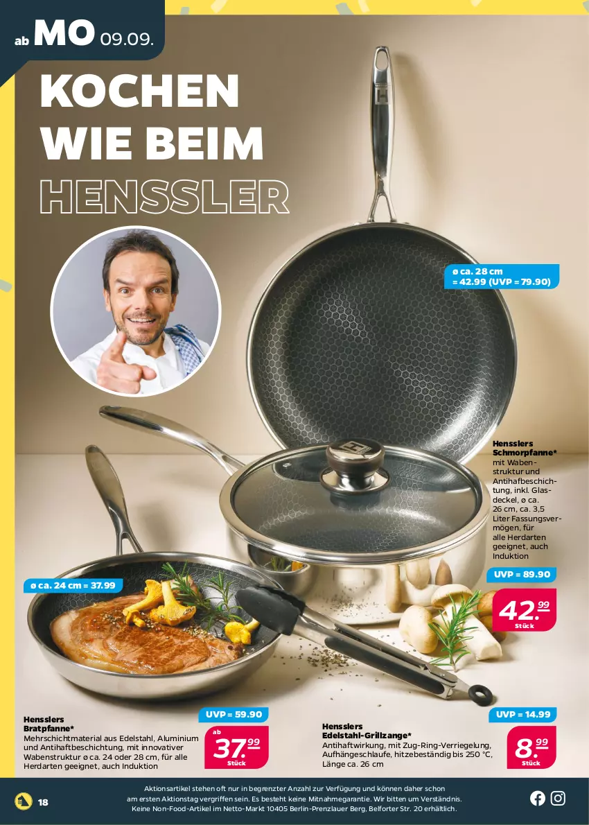 Aktueller Prospekt Netto - Woche 37 - von 09.09 bis 14.09.2024 - strona 18 - produkty: auer, bratpfanne, decke, Deckel, edelstahl, Glasdeckel, grill, grillzange, herdarten, pfanne, Ria, riegel, ring, schmorpfanne, Ti, ZTE