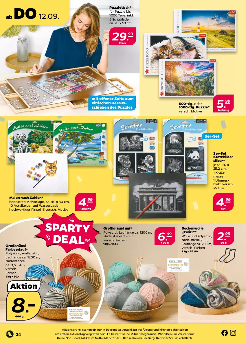 Aktueller Prospekt Netto - Woche 37 - von 09.09 bis 14.09.2024 - strona 24 - produkty: auer, LG, messer, Pinsel, Puzzle, schubladen, socken, Ti, tisch, wasser, wolle, ZTE