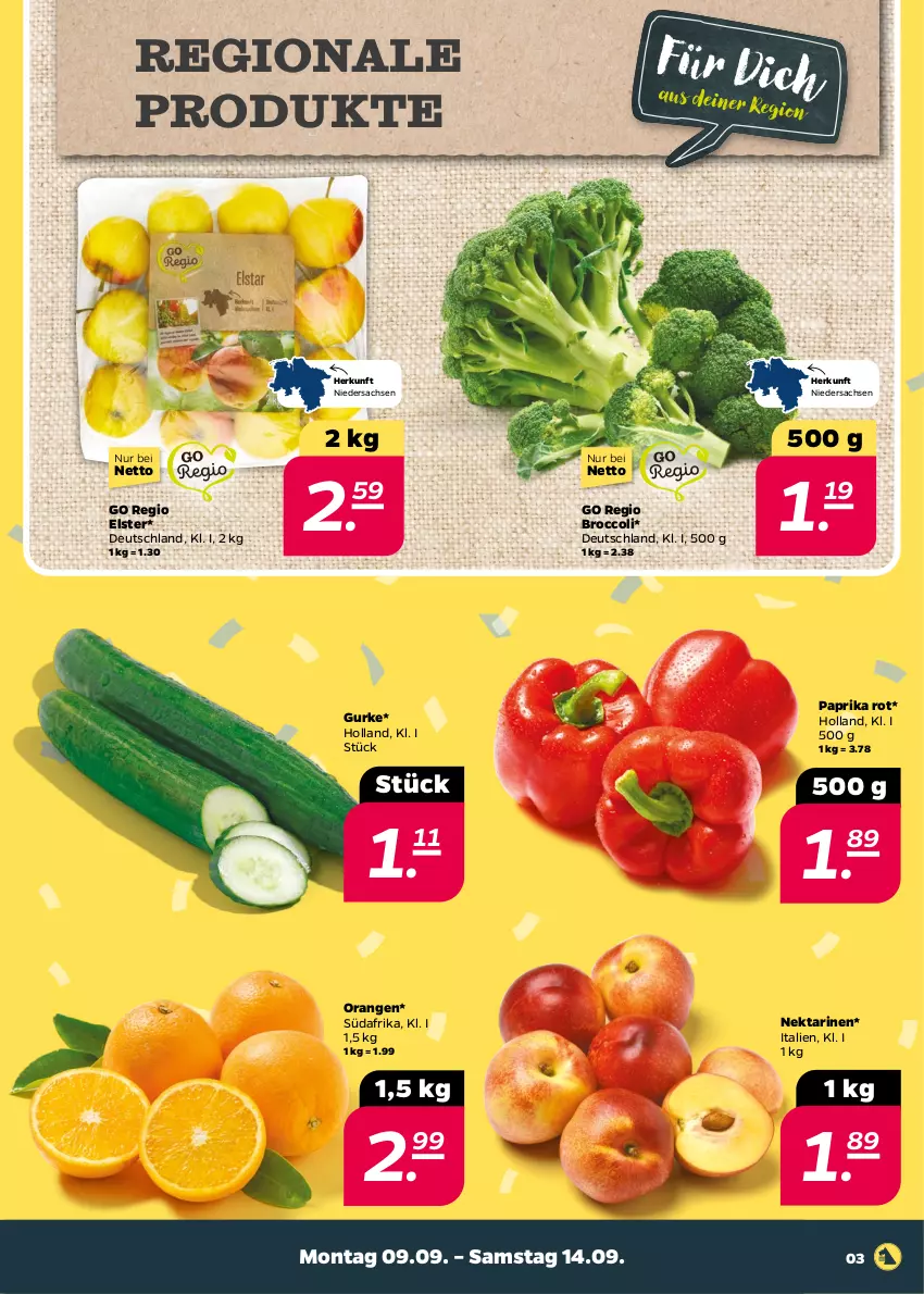 Aktueller Prospekt Netto - Woche 37 - von 09.09 bis 14.09.2024 - strona 3 - produkty: broccoli, gurke, Nektar, nektarinen, orange, orangen, paprika, paprika rot, sac