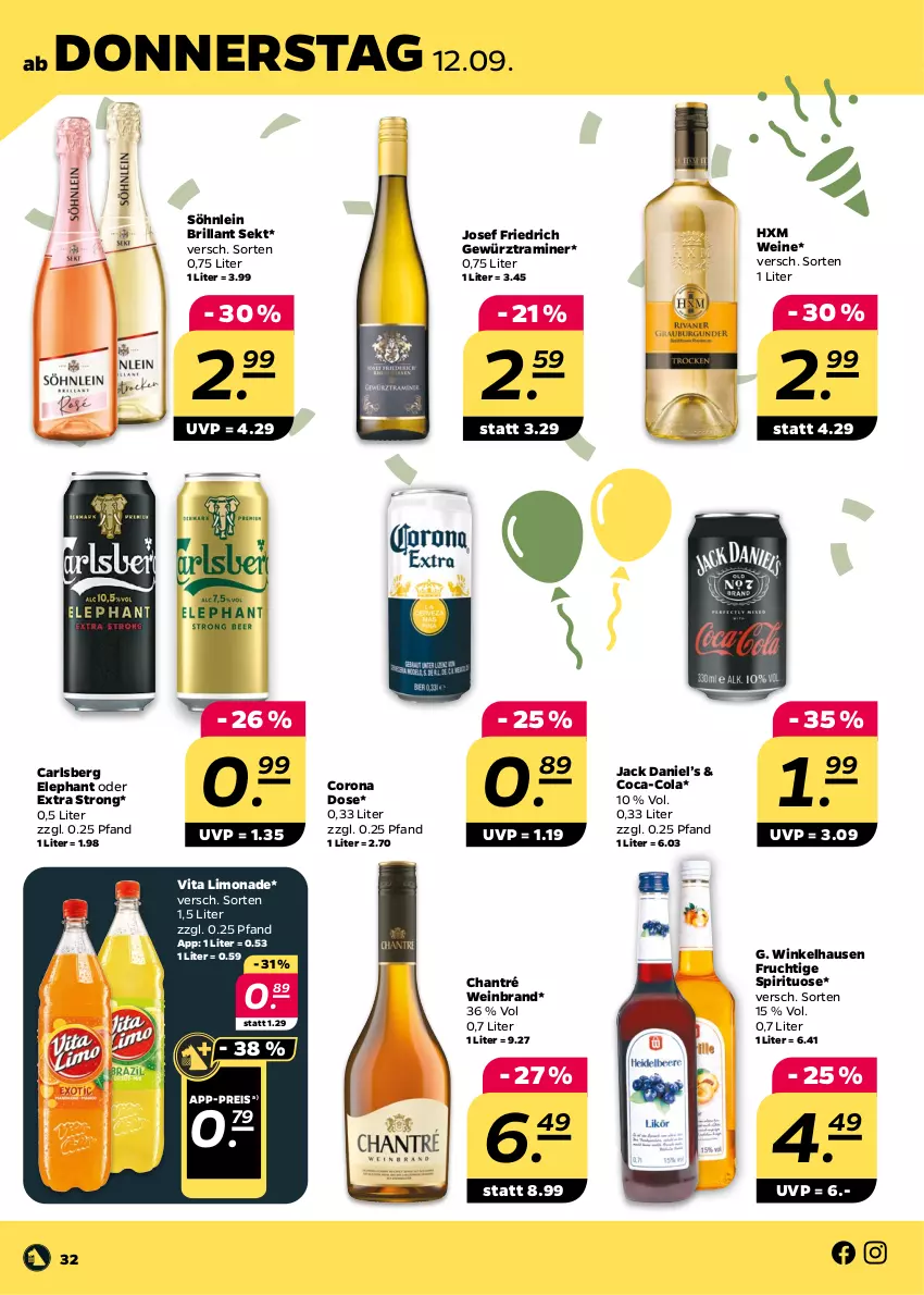 Aktueller Prospekt Netto - Woche 37 - von 09.09 bis 14.09.2024 - strona 32 - produkty: brillant sekt, carlsberg, chantré, coca-cola, cola, corona, eis, frucht, gewürz, jack daniel, Jack Daniel’s, limo, limonade, reis, sekt, söhnlein, söhnlein brillant, Ti, vita, wein, weinbrand, weine, winkelhausen