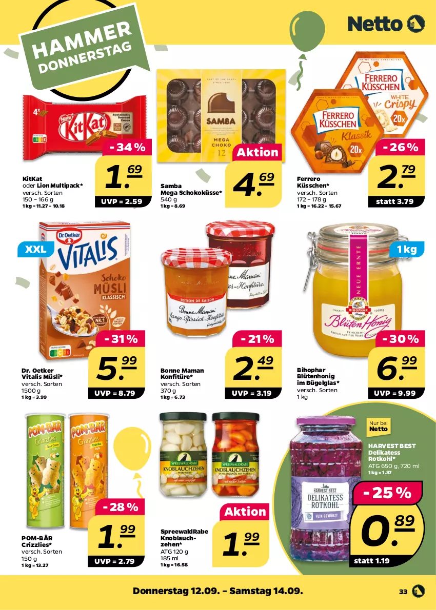 Aktueller Prospekt Netto - Woche 37 - von 09.09 bis 14.09.2024 - strona 33 - produkty: bihophar, Blüte, blütenhonig, bonne maman, bügel, Dr. Oetker, ferrero, Ferrero Küsschen, honig, kitkat, knoblauch, konfitüre, LG, lion, mam, müsli, pom-bär, rotkohl, schoko, Ti, vita, vitalis, vitalis müsli