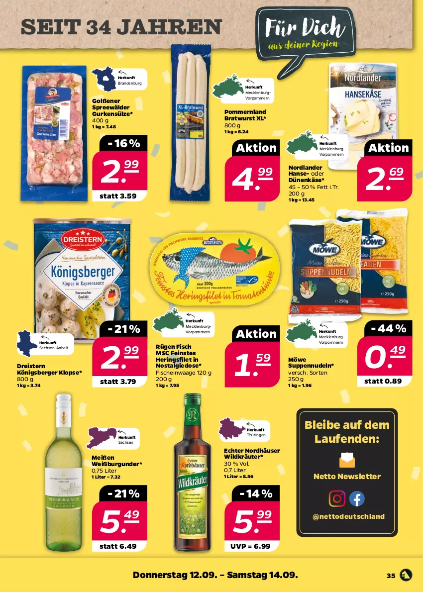 Aktueller Prospekt Netto - Woche 37 - von 09.09 bis 14.09.2024 - strona 35 - produkty: Berger, bratwurst, burgunder, dreistern, eis, filet, fisch, fische, gurke, gurken, hering, Herings, Käse, Königsberger Klopse, kräuter, Laufen, LG, nudel, nudeln, reis, ring, sac, spreewälder, suppe, suppen, Ti, Waage, Weißburgunder, Wild, wurst