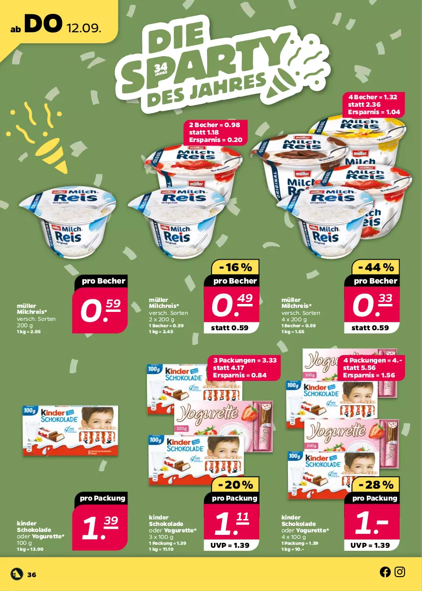 Aktueller Prospekt Netto - Woche 37 - von 09.09 bis 14.09.2024 - strona 36 - produkty: Becher, eis, Kinder, kinder schokolade, milch, milchreis, Müller, oder yogurette, reis, schoko, schokolade, Yo, yogurette