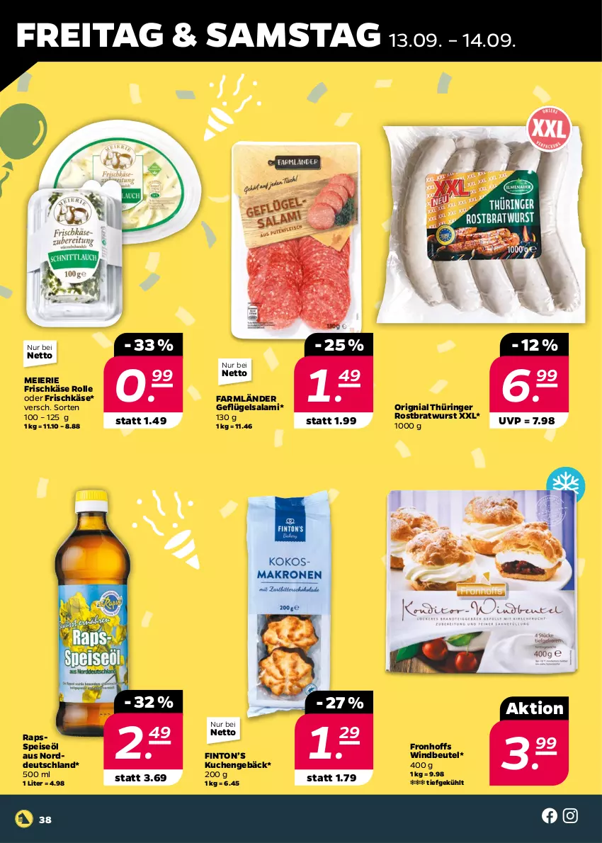 Aktueller Prospekt Netto - Woche 37 - von 09.09 bis 14.09.2024 - strona 38 - produkty: beutel, bratwurst, eier, eis, frischkäse, Geflügel, Käse, kuchen, ring, rostbratwurst, salami, thüringer rostbratwurst, Ti, Windbeutel, wurst