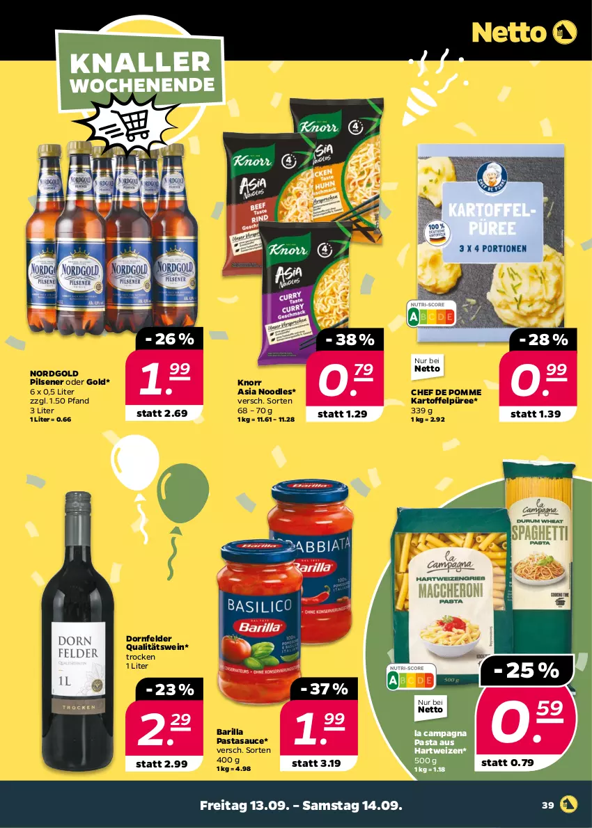 Aktueller Prospekt Netto - Woche 37 - von 09.09 bis 14.09.2024 - strona 39 - produkty: barilla, dornfelder, hartweizen, kartoffel, Kartoffelpüree, knorr, pasta, pils, pilsener, püree, qualitätswein, sauce, wein