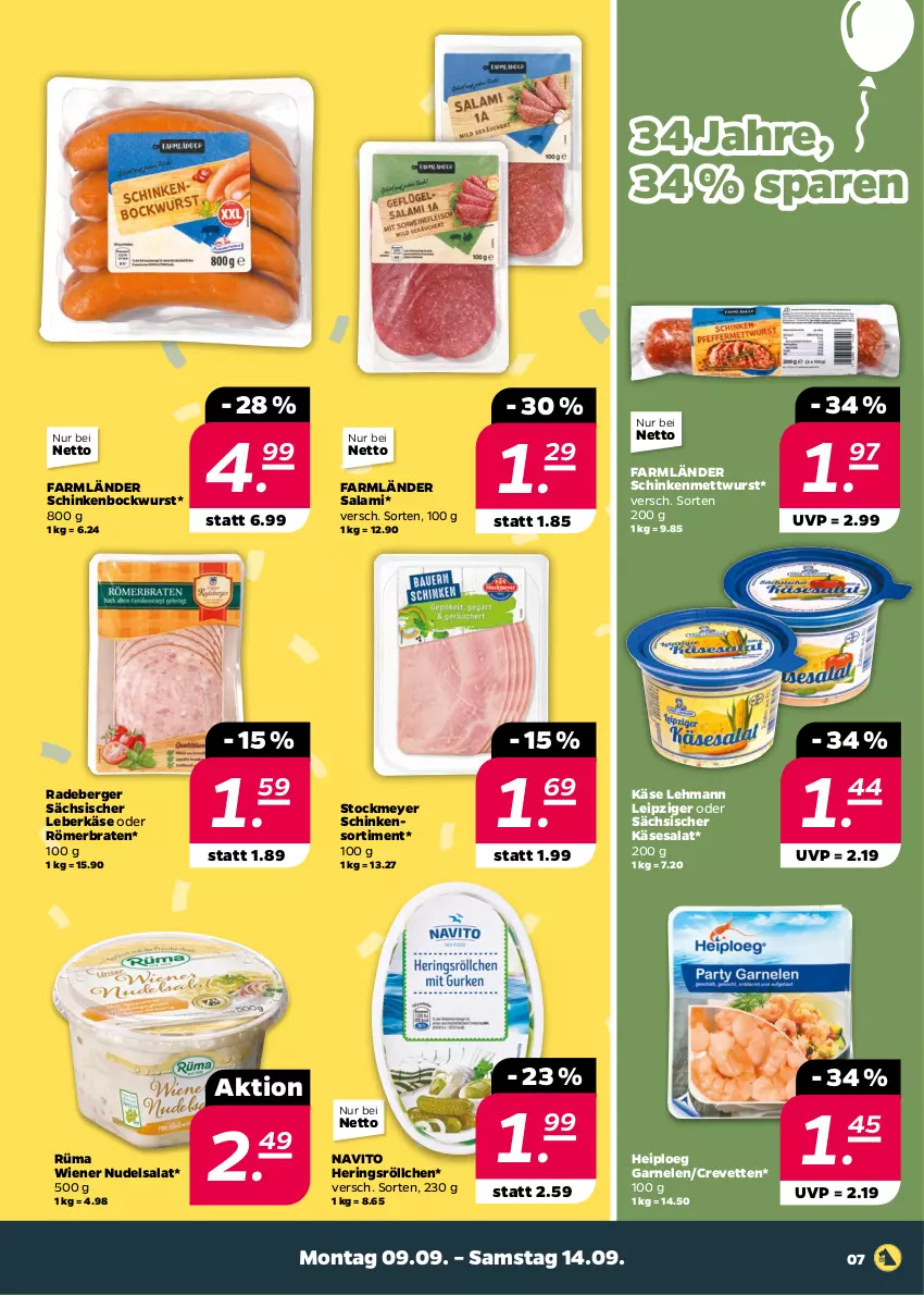 Aktueller Prospekt Netto - Woche 37 - von 09.09 bis 14.09.2024 - strona 7 - produkty: Berger, bockwurst, braten, garnelen, hering, Herings, Käse, leberkäs, leberkäse, Mett, mettwurst, nudel, nudelsalat, radeberger, ring, salami, salat, schinken, stockmeyer, Ti, wiener, wurst