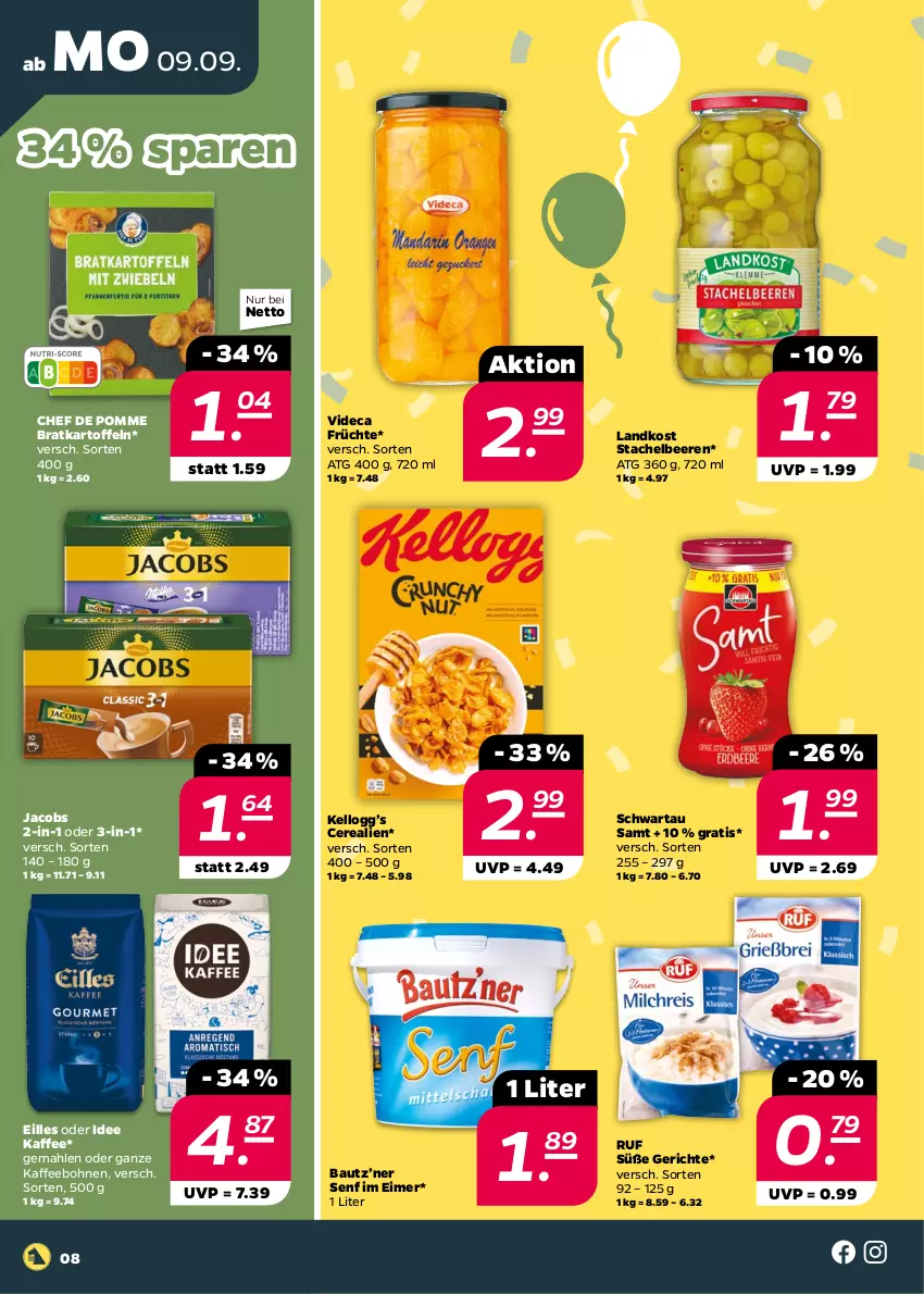 Aktueller Prospekt Netto - Woche 37 - von 09.09 bis 14.09.2024 - strona 8 - produkty: Bau, beere, beeren, bohne, bohnen, cerealien, eimer, früchte, jacobs, kaffee, kaffeebohnen, kartoffel, kartoffeln, ndk, Schwartau, senf, Stachelbeeren, Ti