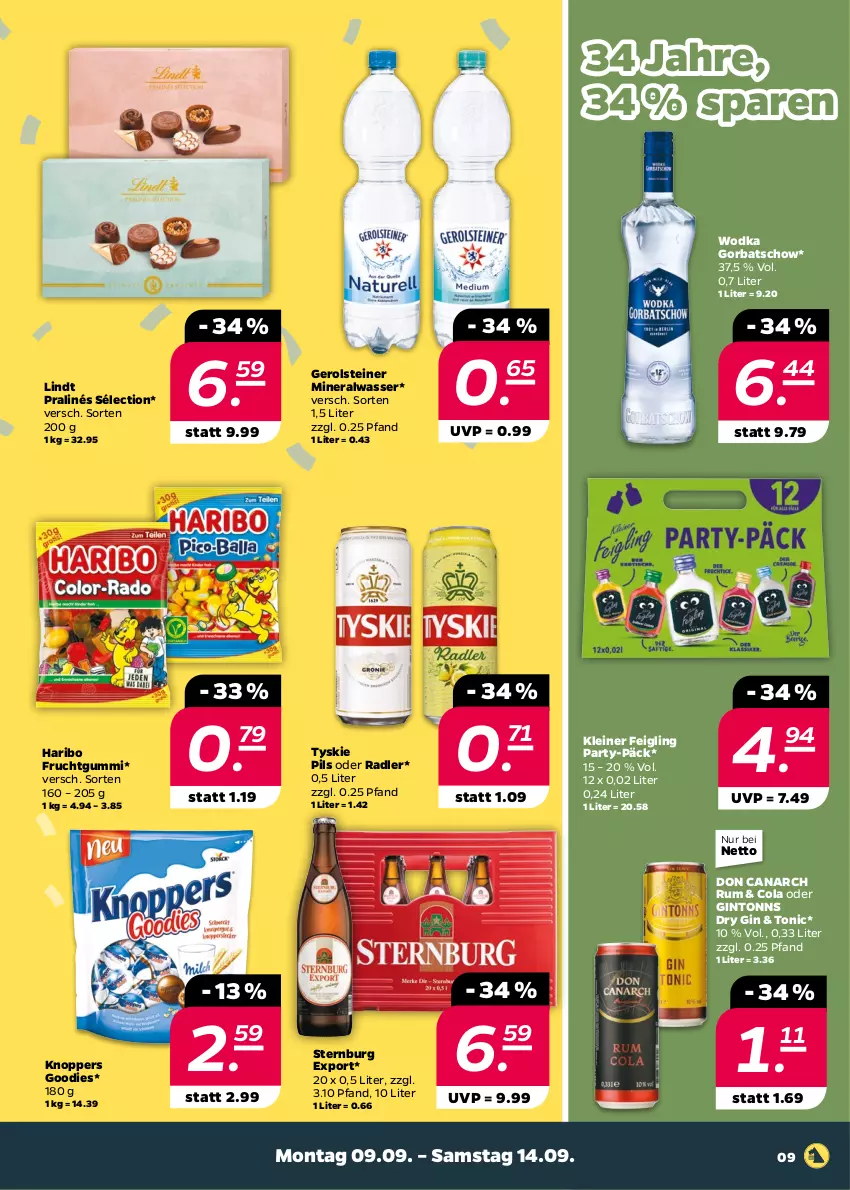 Aktueller Prospekt Netto - Woche 37 - von 09.09 bis 14.09.2024 - strona 9 - produkty: Alwa, cola, dry gin, frucht, fruchtgummi, gerolsteine, gerolsteiner, gin, Gorbatschow, haribo, kleiner feigling, knoppers, leine, lindt, mineralwasser, oder radler, pils, radler, rum, steiner, Sternburg, Ti, tonic, tyskie, wasser, wodka