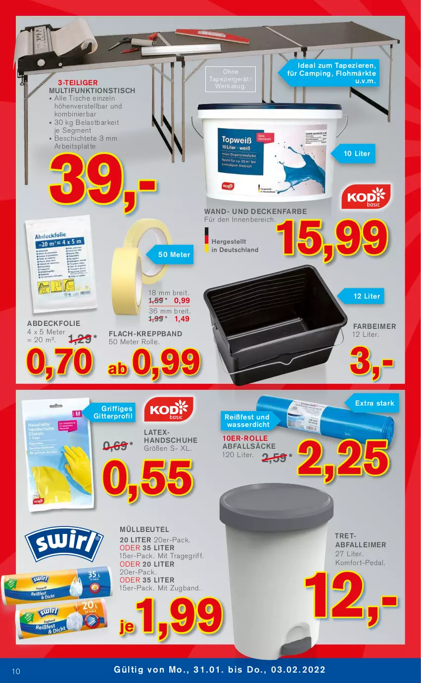 Aktueller Prospekt Kodi - Prospekte - von 29.01 bis 03.02.2022 - strona 10 - produkty: Abfalleimer, arbeitsplatte, beutel, Brei, decke, eimer, handschuhe, latte, leimer, müllbeutel, schuhe, Ti, tisch, tragegriff, wasser, werkzeug