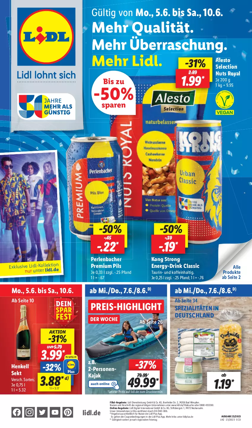 Aktueller Prospekt Lidl - Aktionsprospekt - von 05.06 bis 10.06.2023 - strona 1 - produkty: Bad, bio, drink, eier, eis, energy drink, Kajak, reis, sekt, Ti