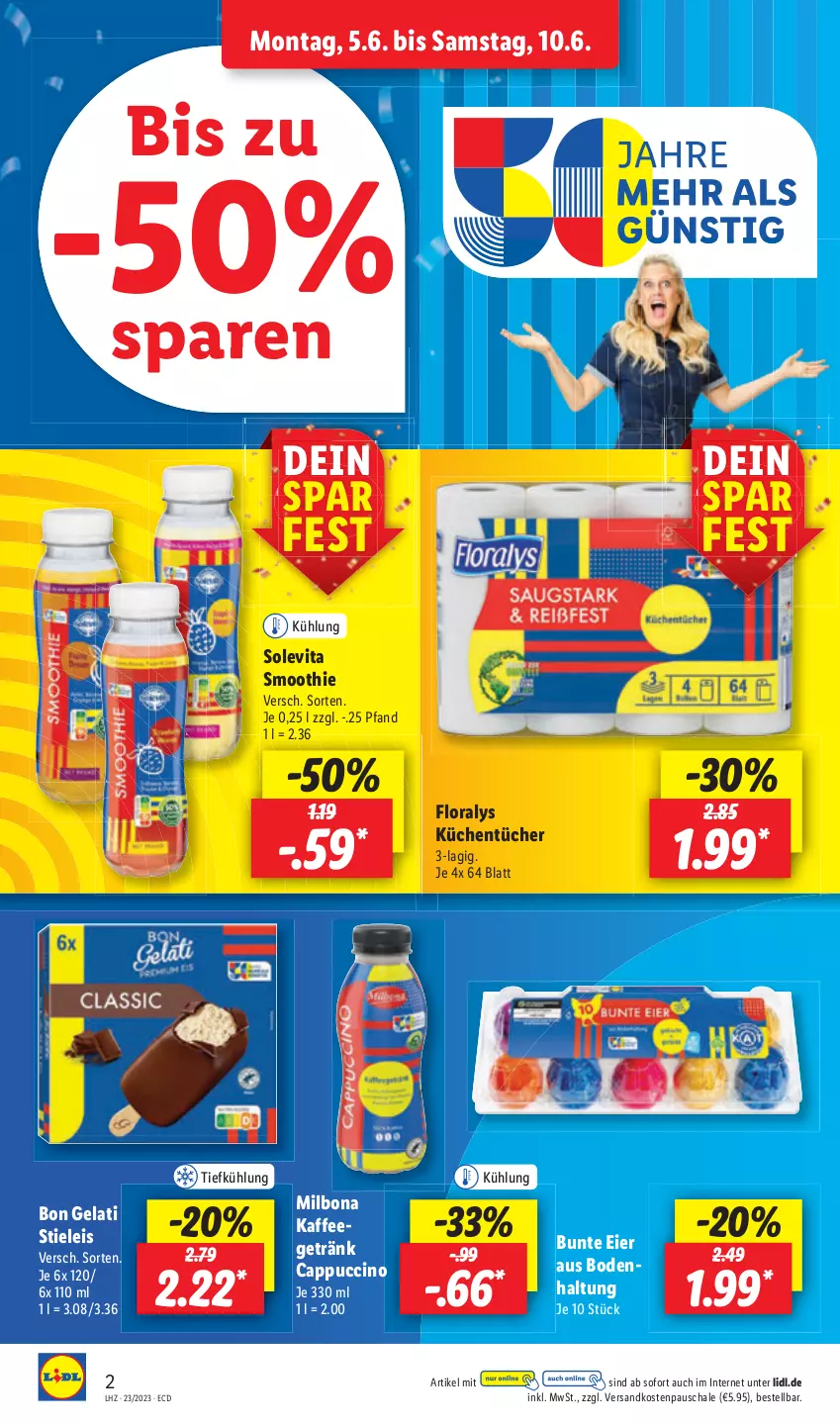 Aktueller Prospekt Lidl - Aktionsprospekt - von 05.06 bis 10.06.2023 - strona 2 - produkty: Bona, cin, eis, getränk, kaffee, küche, Küchen, küchentücher, ndk, Schal, Schale, smoothie, stieleis, Ti, tücher, vita