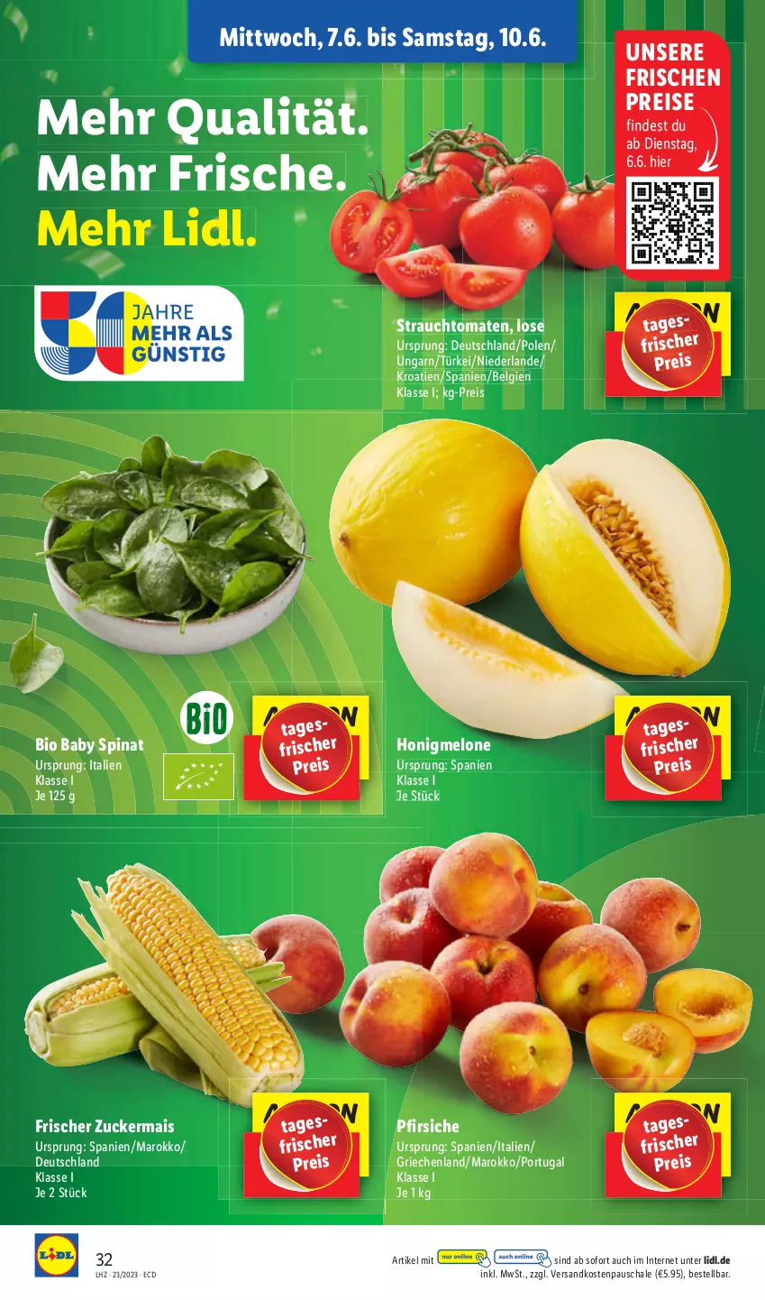 Aktueller Prospekt Lidl - Aktionsprospekt - von 05.06 bis 10.06.2023 - strona 36 - produkty: eis, honig, honigmelone, LG, mais, melone, ndk, pfirsich, pfirsiche, Rauch, reis, Schal, Schale, spinat, strauchtomaten, Ti, tomate, tomaten, zucker, zuckermais