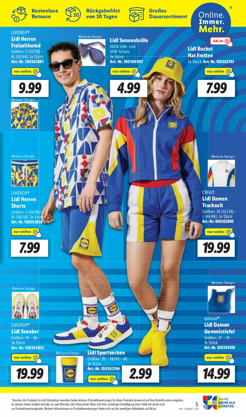 Aktueller Prospekt Lidl - Aktionsprospekt - von 05.06 bis 10.06.2023 - strona 5 - produkty: Brille, esmara, Gummistiefel, hemd, shorts, sneaker, socken, sonnenbrille, Sport, sportsocken, tee, Ti, weck