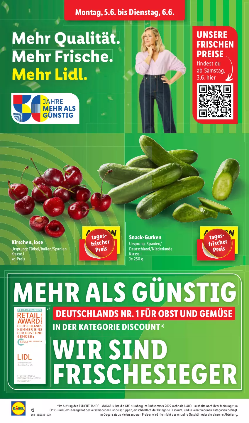 Aktueller Prospekt Lidl - Aktionsprospekt - von 05.06 bis 10.06.2023 - strona 6 - produkty: Abtei, angebot, discount, eis, ente, frucht, gurke, gurken, kirsch, kirsche, kirschen, obst, reis, snack, Ti, und gemüse