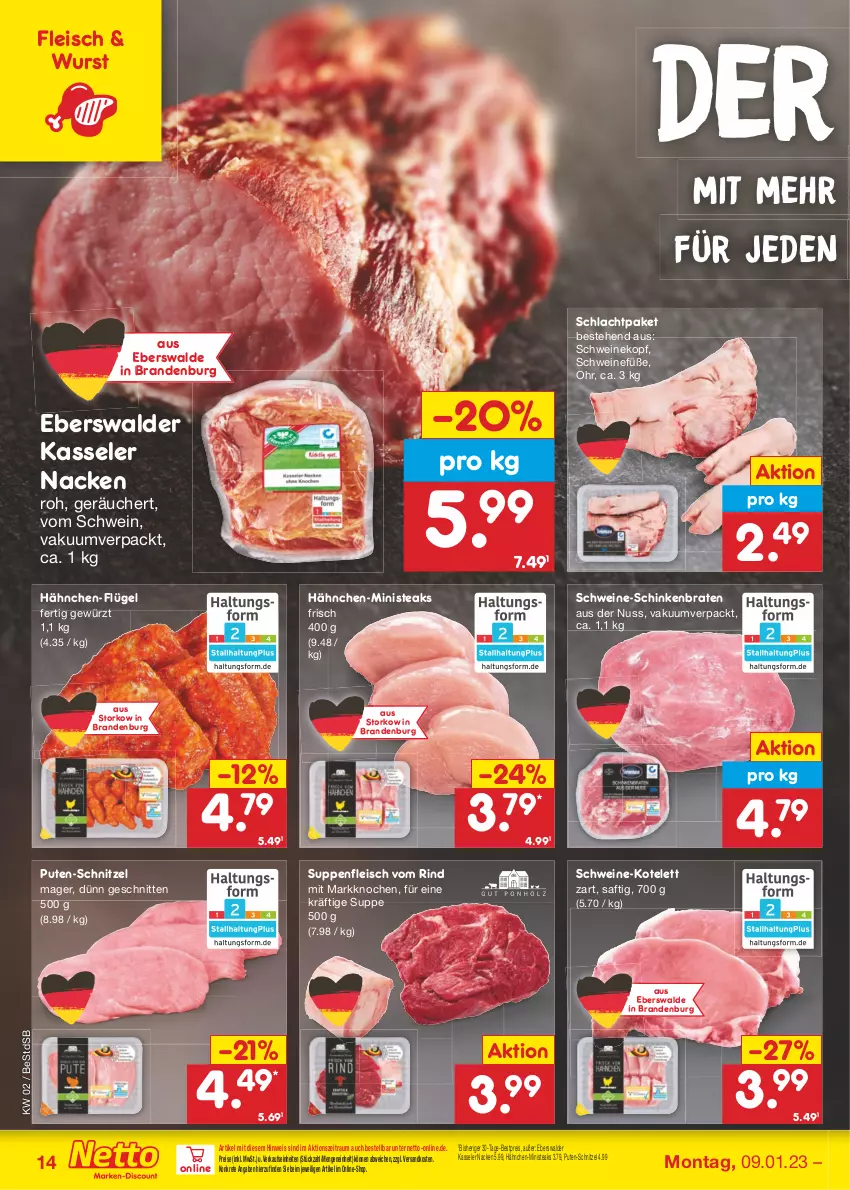 Aktueller Prospekt Netto Marken-Discount - Filial-Angebote - von 09.01 bis 14.01.2023 - strona 14 - produkty: bestpreis, braten, eis, fleisch, gewürz, kasseler, kotelett, ndk, nuss, pute, reis, rind, saft, schinken, schinkenbraten, schnitten, schnitzel, schwein, schweine, Schweinekopf, steak, steaks, suppe, suppen, suppenfleisch, Ti, wein, weine, wurst