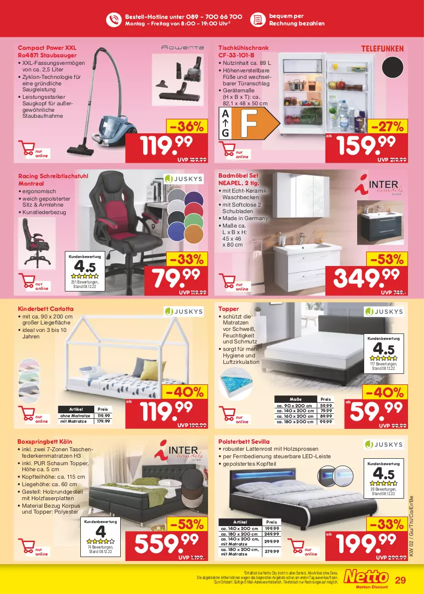 Aktueller Prospekt Netto Marken-Discount - Filial-Angebote - von 09.01 bis 14.01.2023 - strona 29 - produkty: angebot, arlo, Bad, Badmöbel, Bau, bett, boxspringbett, cin, eis, federkern, federkernmatratze, fernbedienung, Germ, Holz, kernmatratze, Kinder, Kinderbett, kühlschrank, latte, lattenrost, LG, Liege, matratze, matratzen, möbel, ohne matratze, polsterbett, reis, Ria, ring, Schrank, schreibtisch, schubladen, staubsauger, stuhl, Tasche, taschen, taschenfederkernmatratze, telefon, Ti, tisch, topper, uhr, waschbecken, ZTE