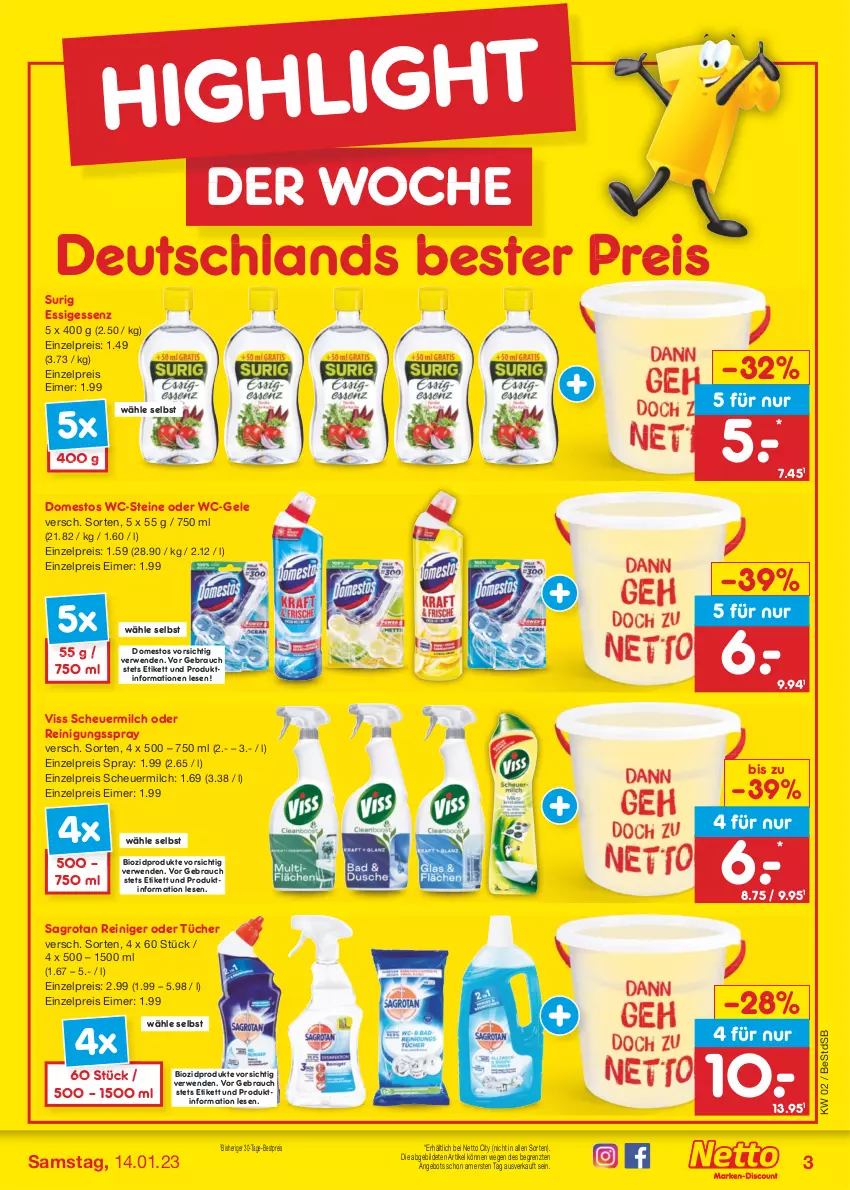 Aktueller Prospekt Netto Marken-Discount - Filial-Angebote - von 09.01 bis 14.01.2023 - strona 3 - produkty: angebot, bestpreis, bio, biozidprodukte, domestos, eimer, eis, essig, Heu, milch, Rauch, reiniger, Reinigung, reis, rwe, sagrotan, scheuermilch, Ti, tücher, wc-gel, WC-Steine, ZTE