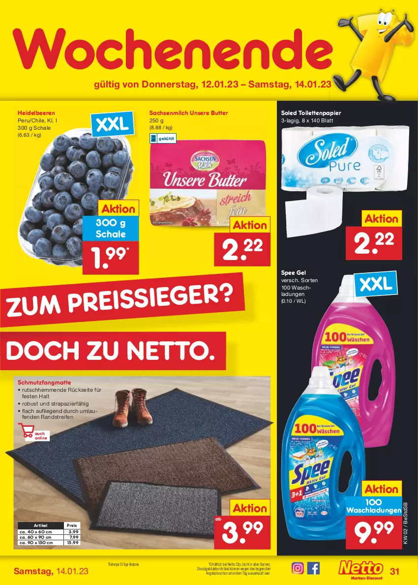 Aktueller Prospekt Netto Marken-Discount - Filial-Angebote - von 09.01 bis 14.01.2023 - strona 31 - produkty: angebot, beere, beeren, bestpreis, butter, eis, heidelbeere, heidelbeeren, Laufen, Liege, milch, papier, reifen, reis, sac, Schal, Schale, schmutzfangmatte, spee, Ti, toilettenpapier, ZTE